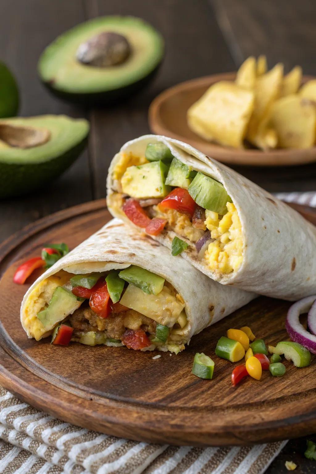 A hearty breakfast burrito filled with fresh vegetables is perfect on-the-go.