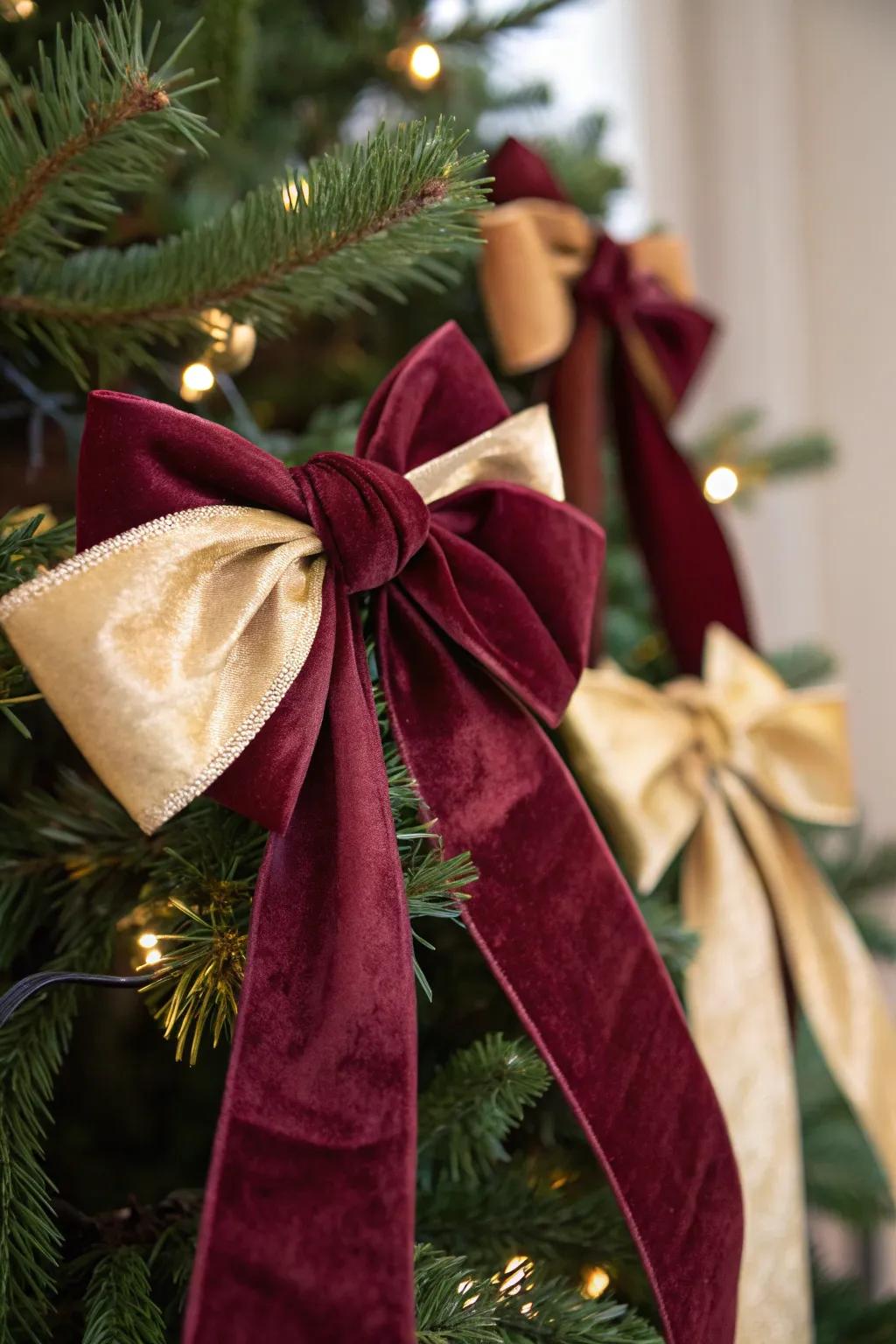 Velvet embellishments contribute a luxurious nuance to the tree.