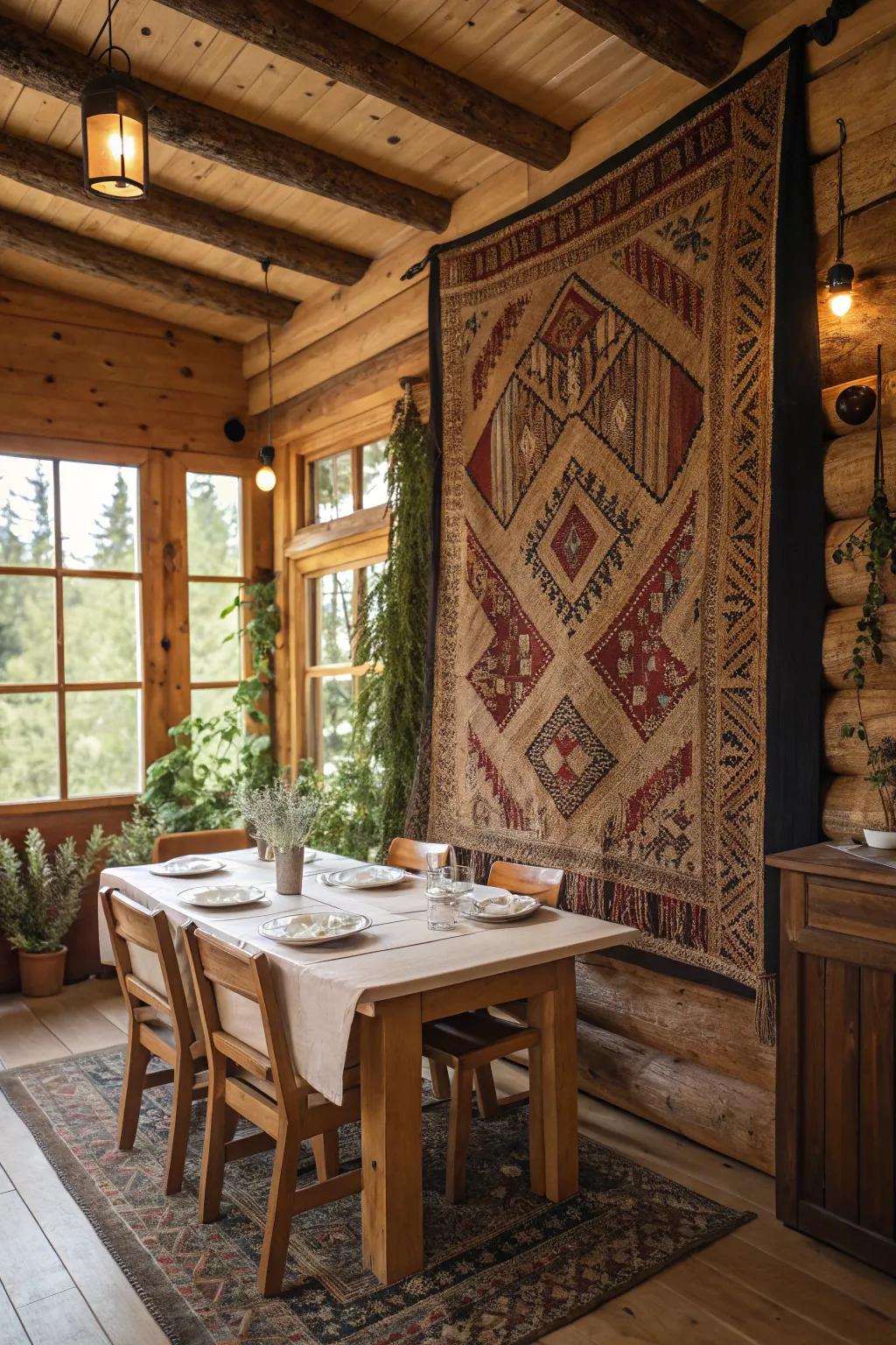 A woven tapestry serving as a feature wall in the dining area.