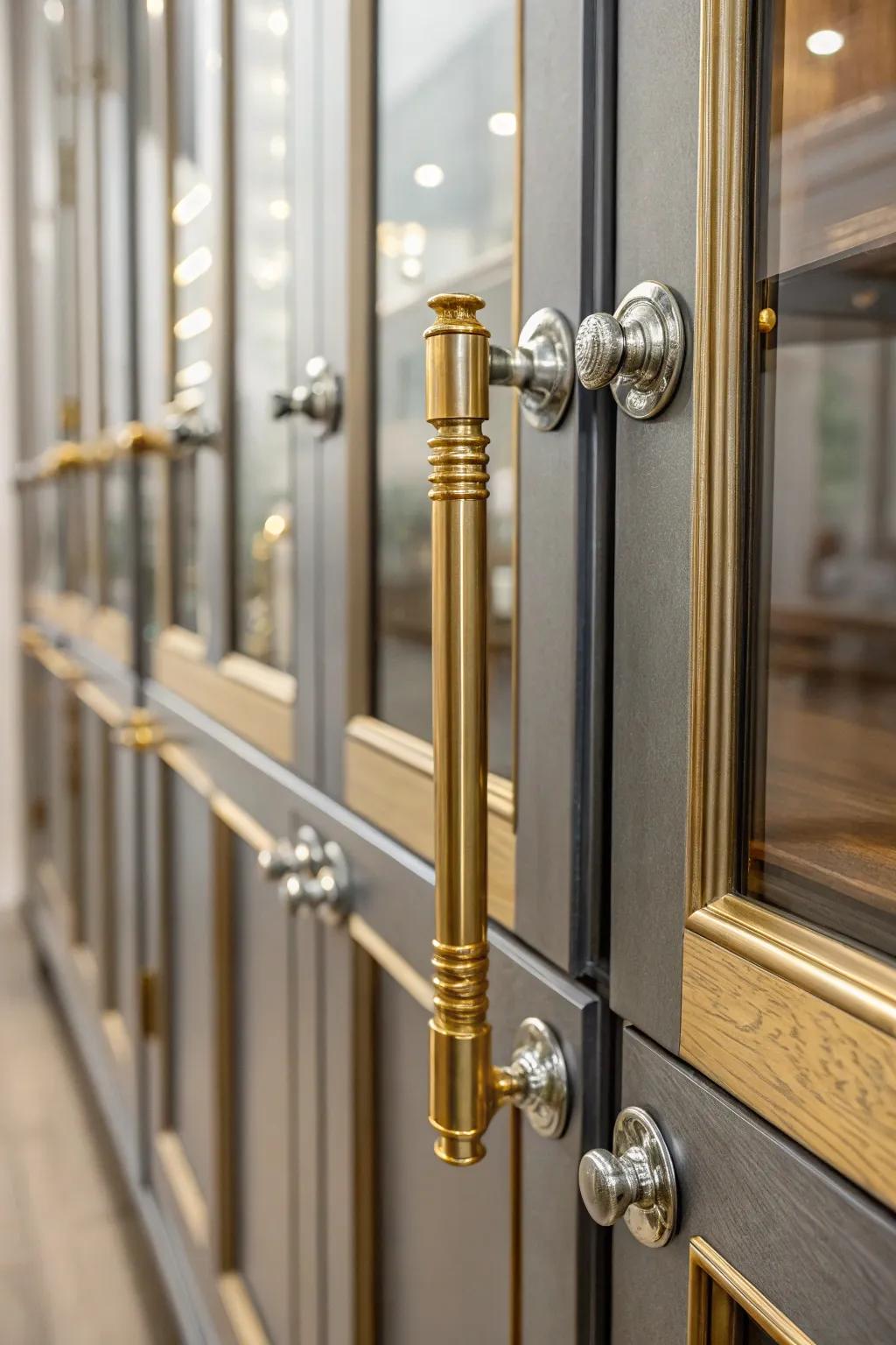 Mixed metal hardware updates cabinet doors stylishly.