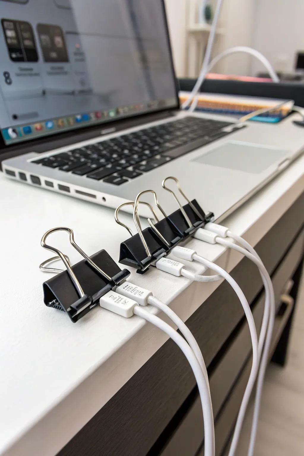 Binder clips keeping cables organized on a desk.