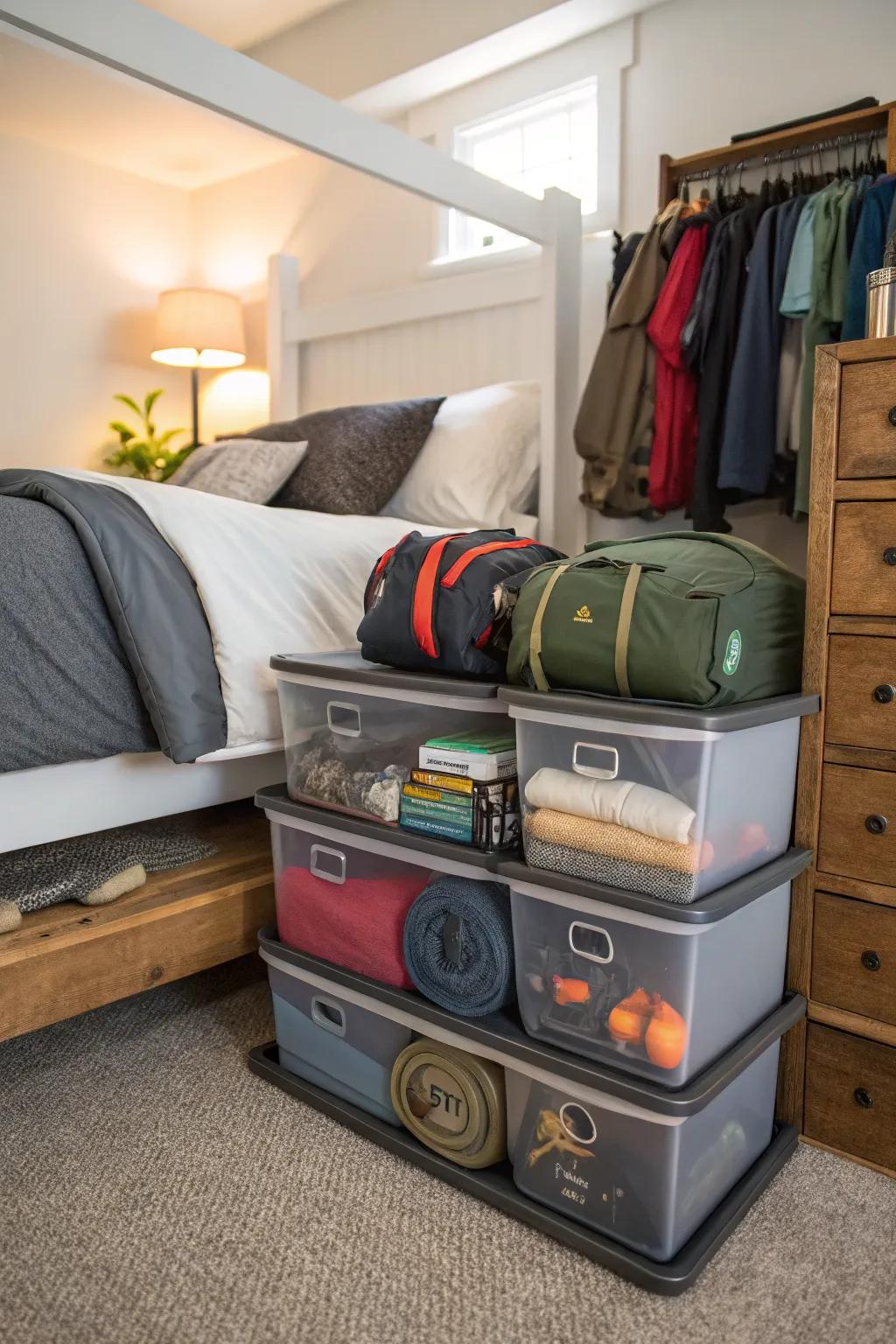 Stackable bins provide a compact storage solution for camping gear.