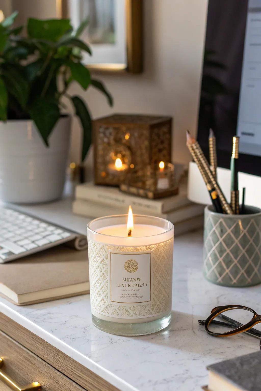 Textured candle labels imparting dimension and curiosity.