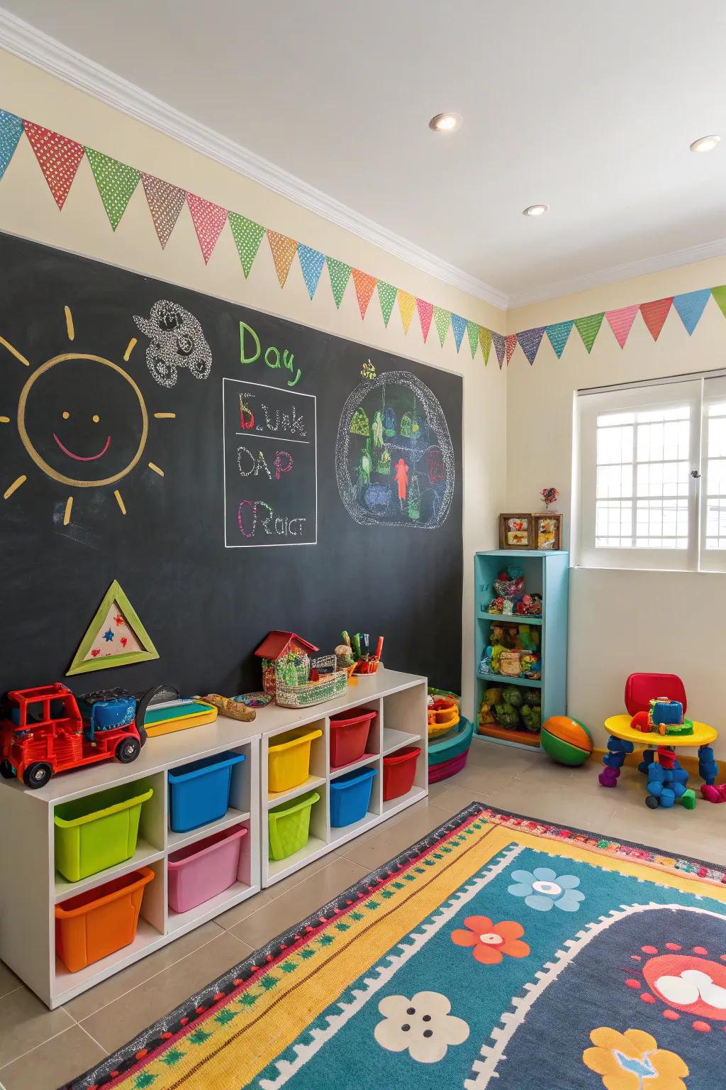 Colorful borders make the chalkboard wall pop.