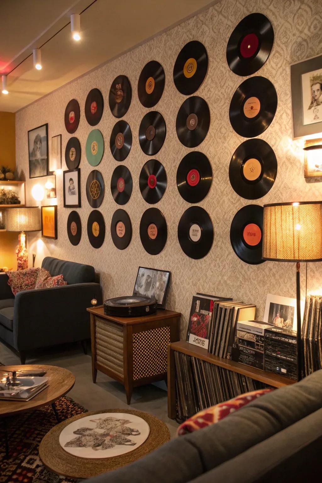 Vinyl records adding a retro touch to the room decor.