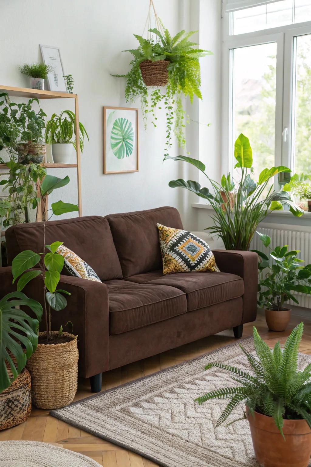 Natural elements like plants add freshness to a chocolate couch setting.