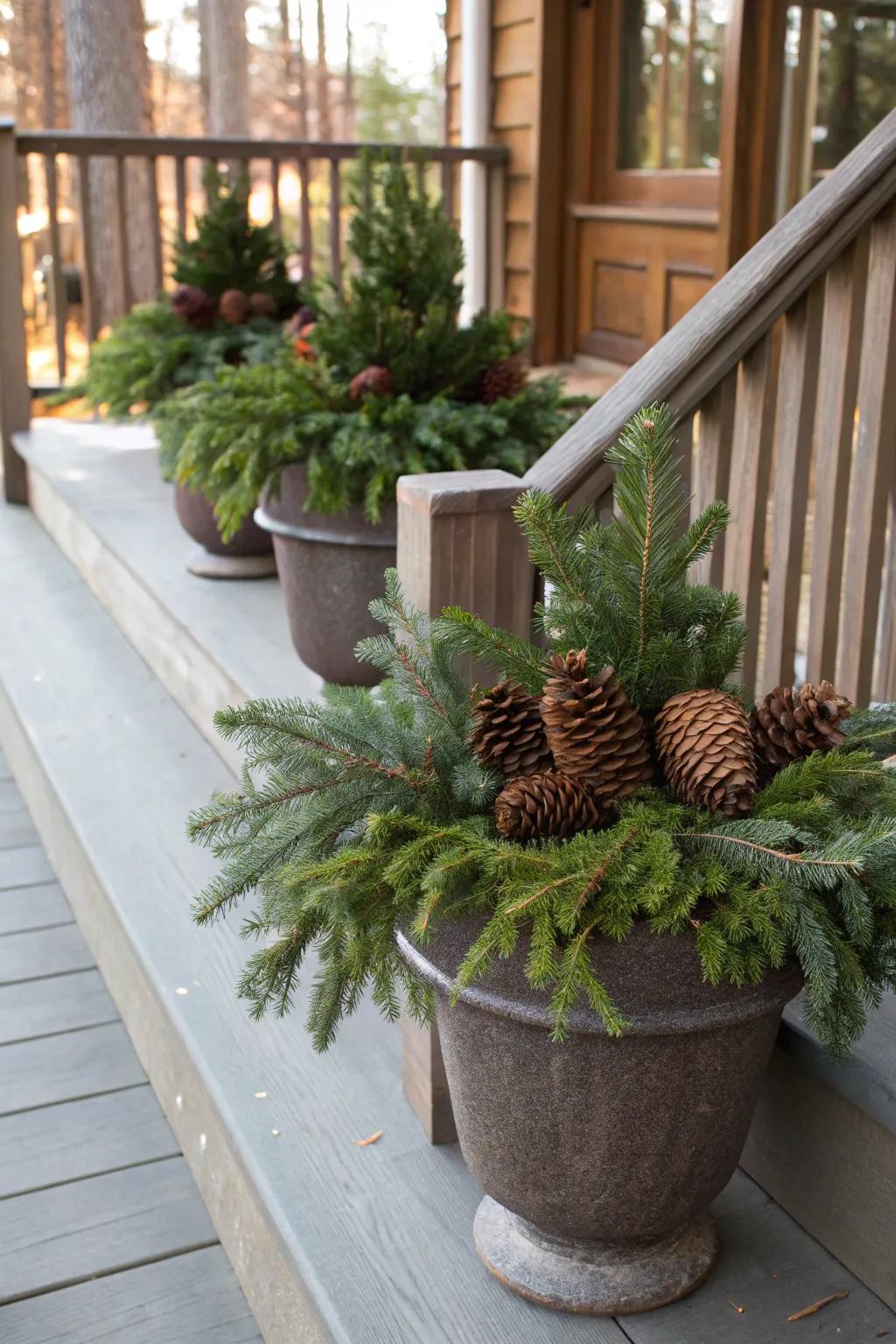 Seasonal planters with evergreens and pinecones for festive greenery.