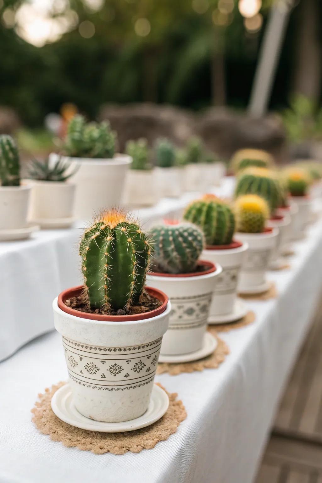 Cactus centerpieces bring a natural element to the party decor.