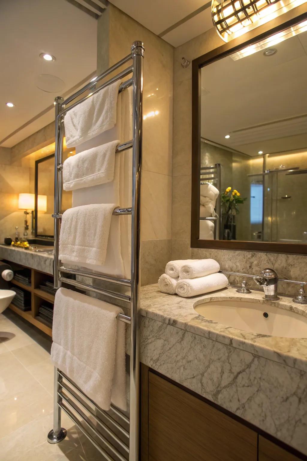 Bathroom exuding luxury with soft lighting and plush towels.