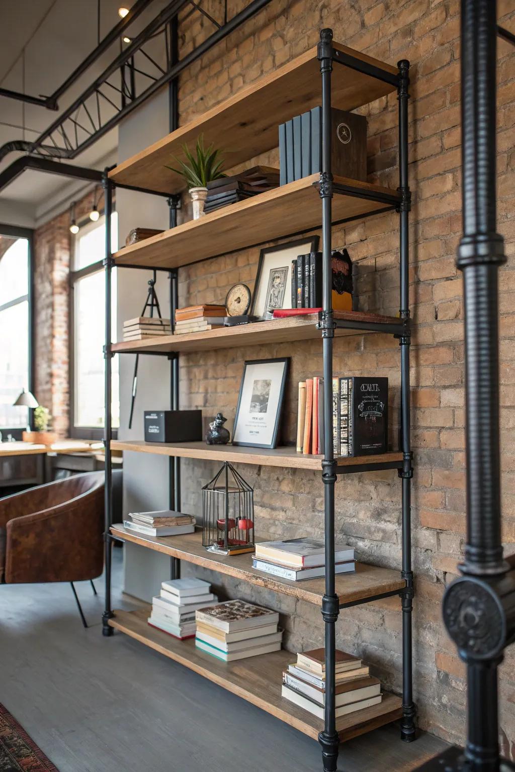Industrial pipe shelves present a distinct, urban appeal.