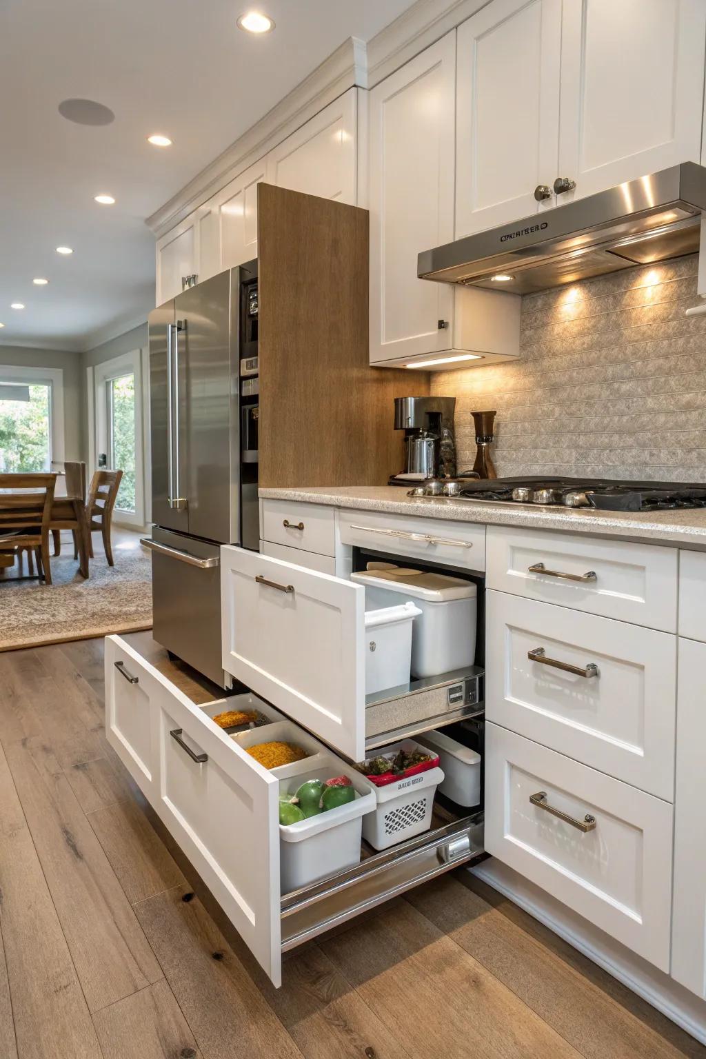 Ingenious hidden storage solutions in end caps for a clutter-free kitchen.