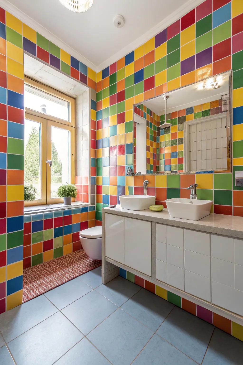 A bathroom with bright, multicolored tiles that make a statement.