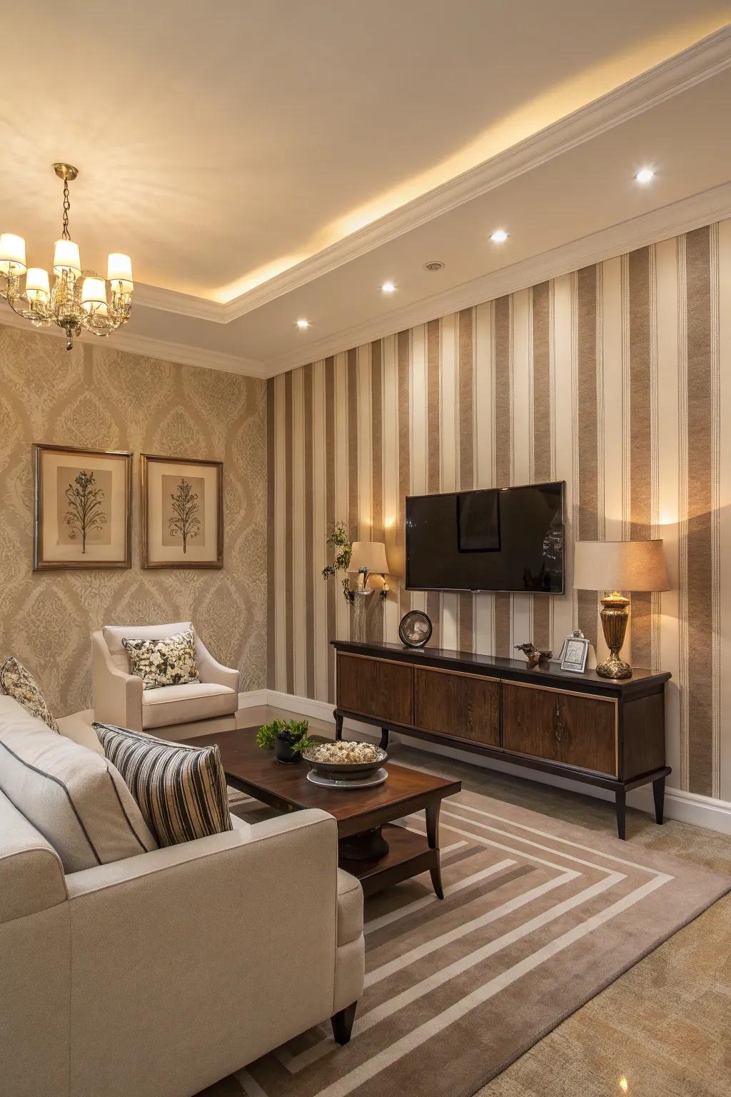 Neutral striped walls provide a calm and elegant ambiance.