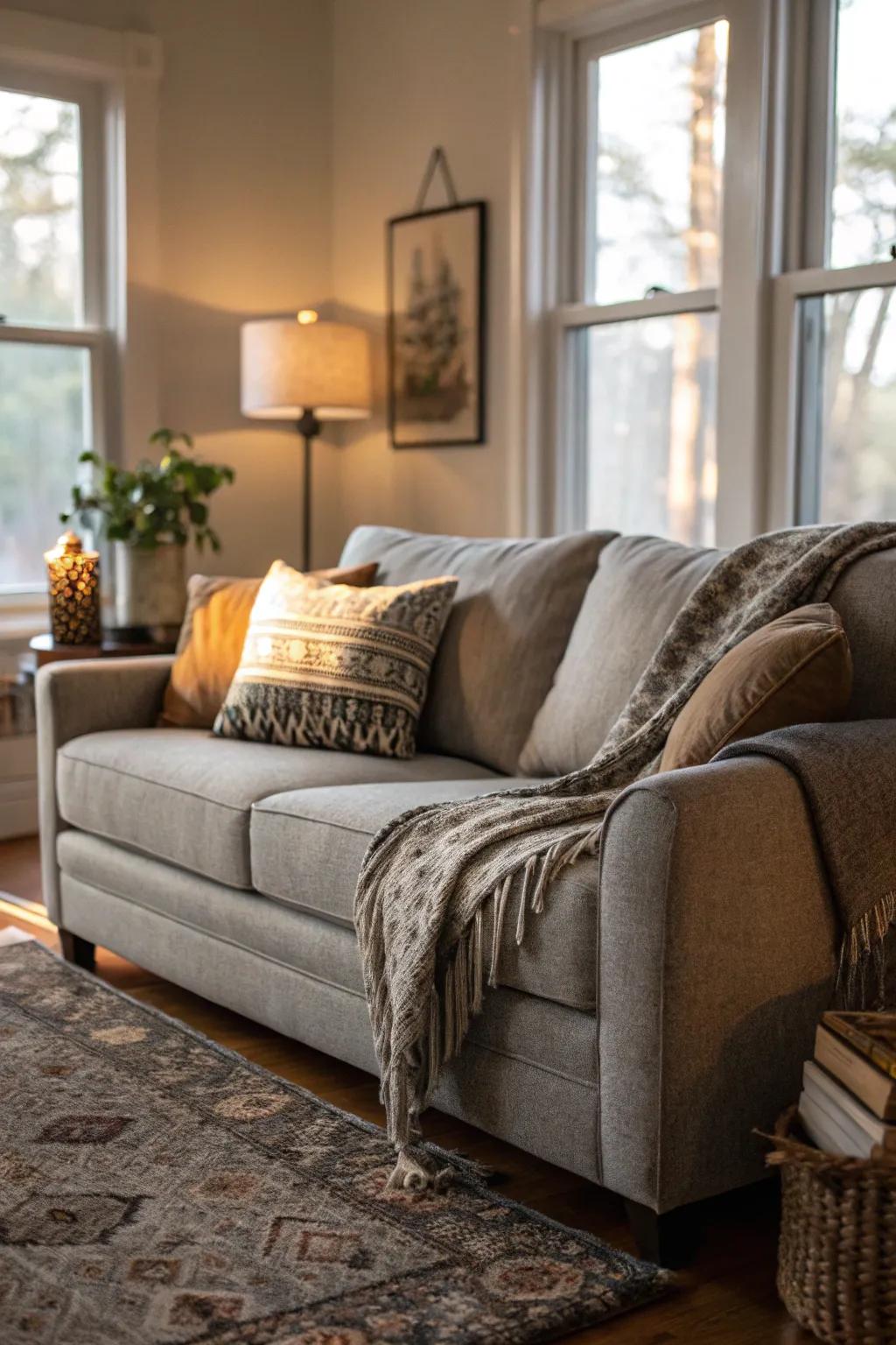 Layering with throws creates a cozy and inviting sofa setup.