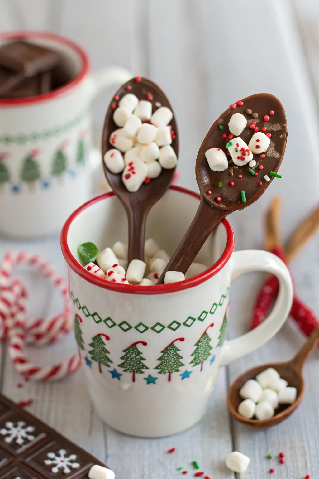 Warm chocolate spoons that transform any hot beverage into a festive delight.