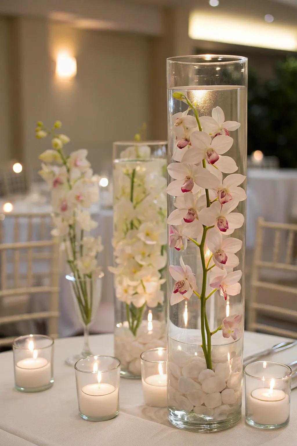 Submerged orchids create an ethereal centerpiece.