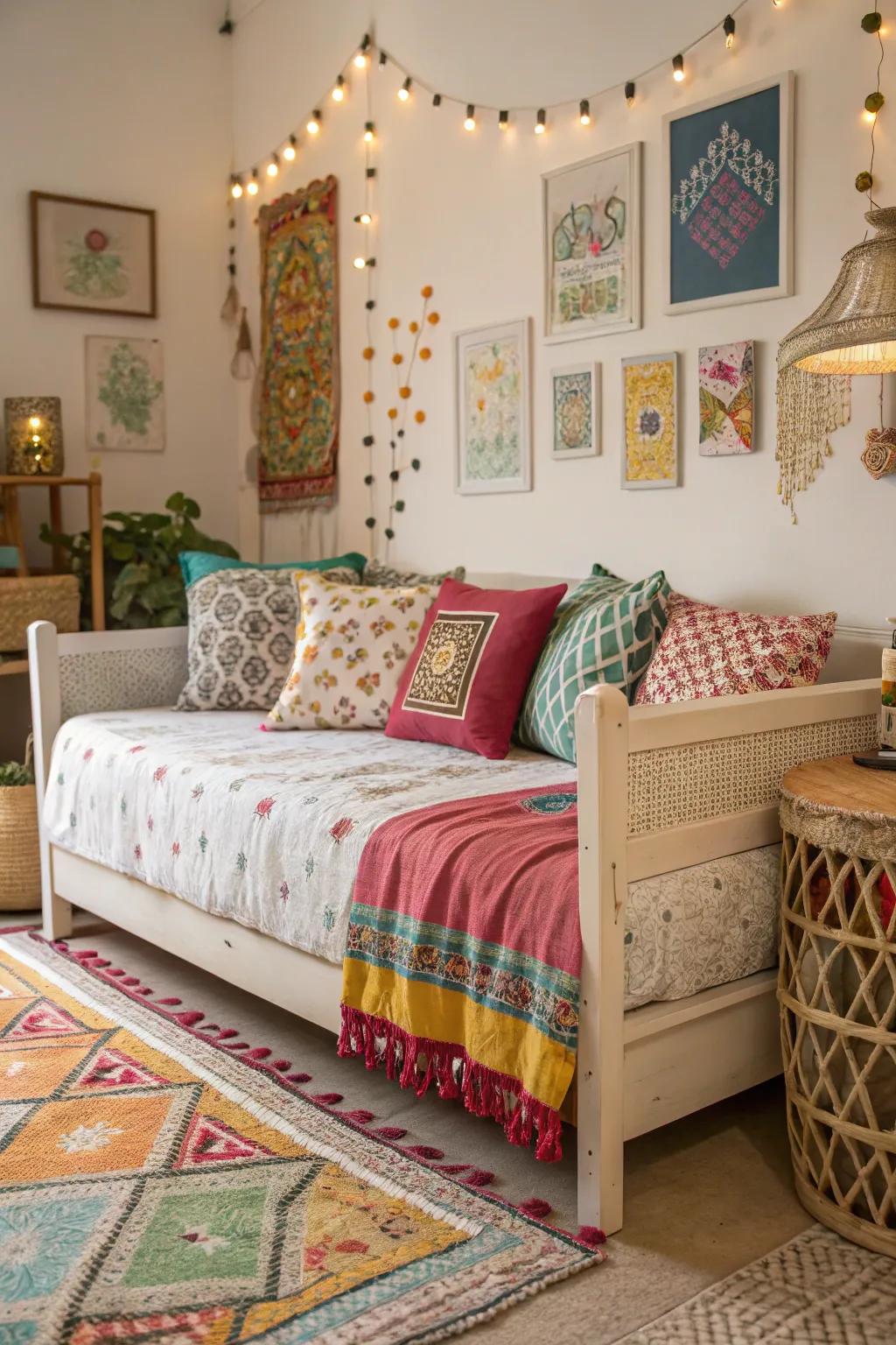 Eclectic mix of patterns and colors with a daybed