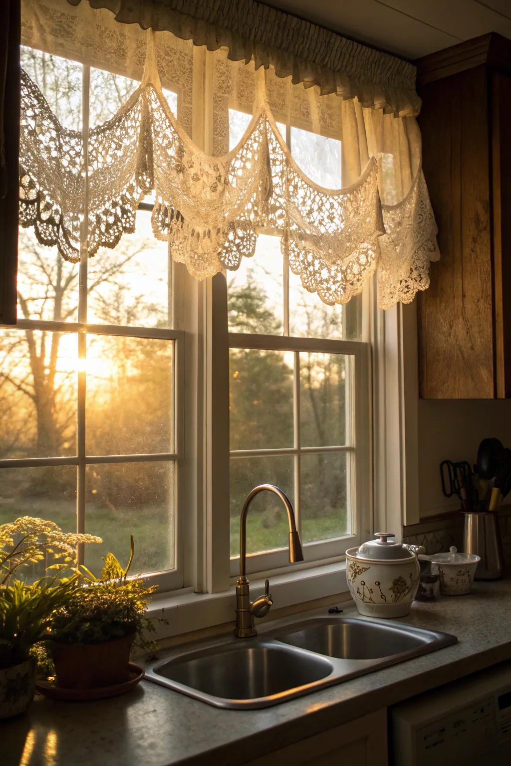 A lace valance adds elegance and charm to the kitchen.