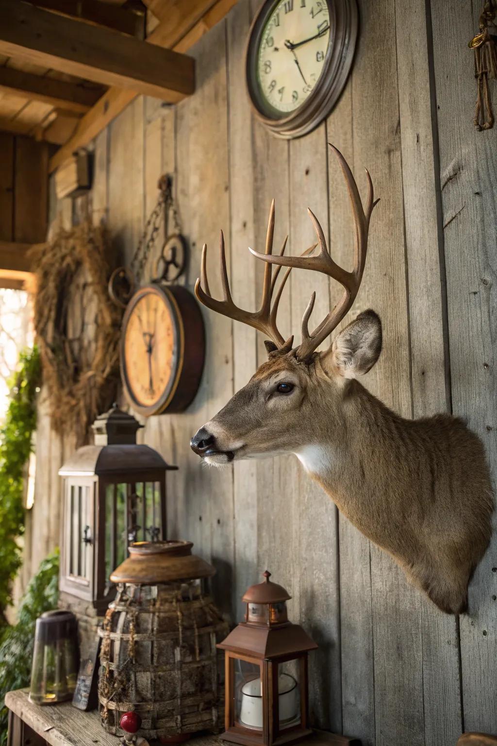 A deer mount complemented by vintage barn wood and vintage decor.