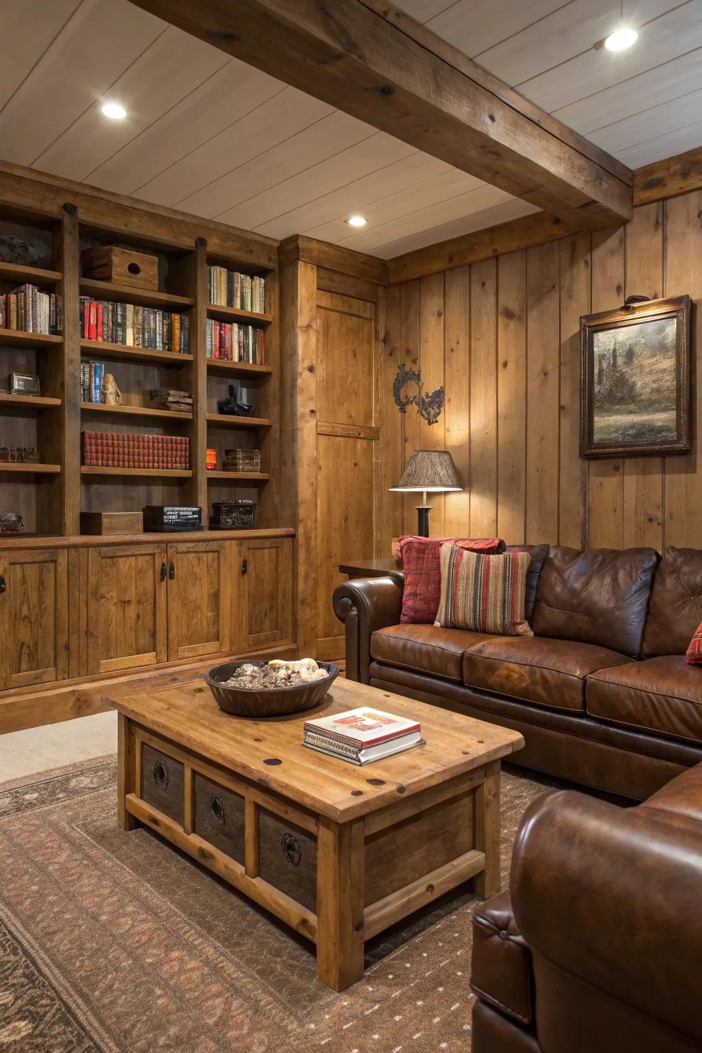 Natural materials creating a rustic den atmosphere.