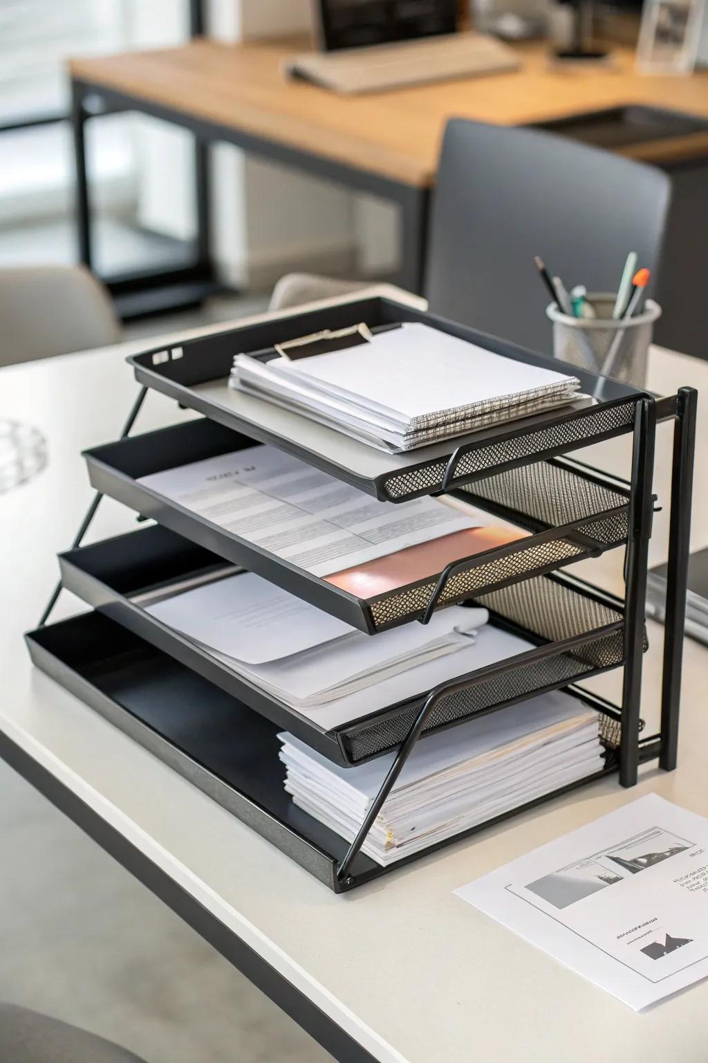 Tiered trays for a tidy and accessible desk.