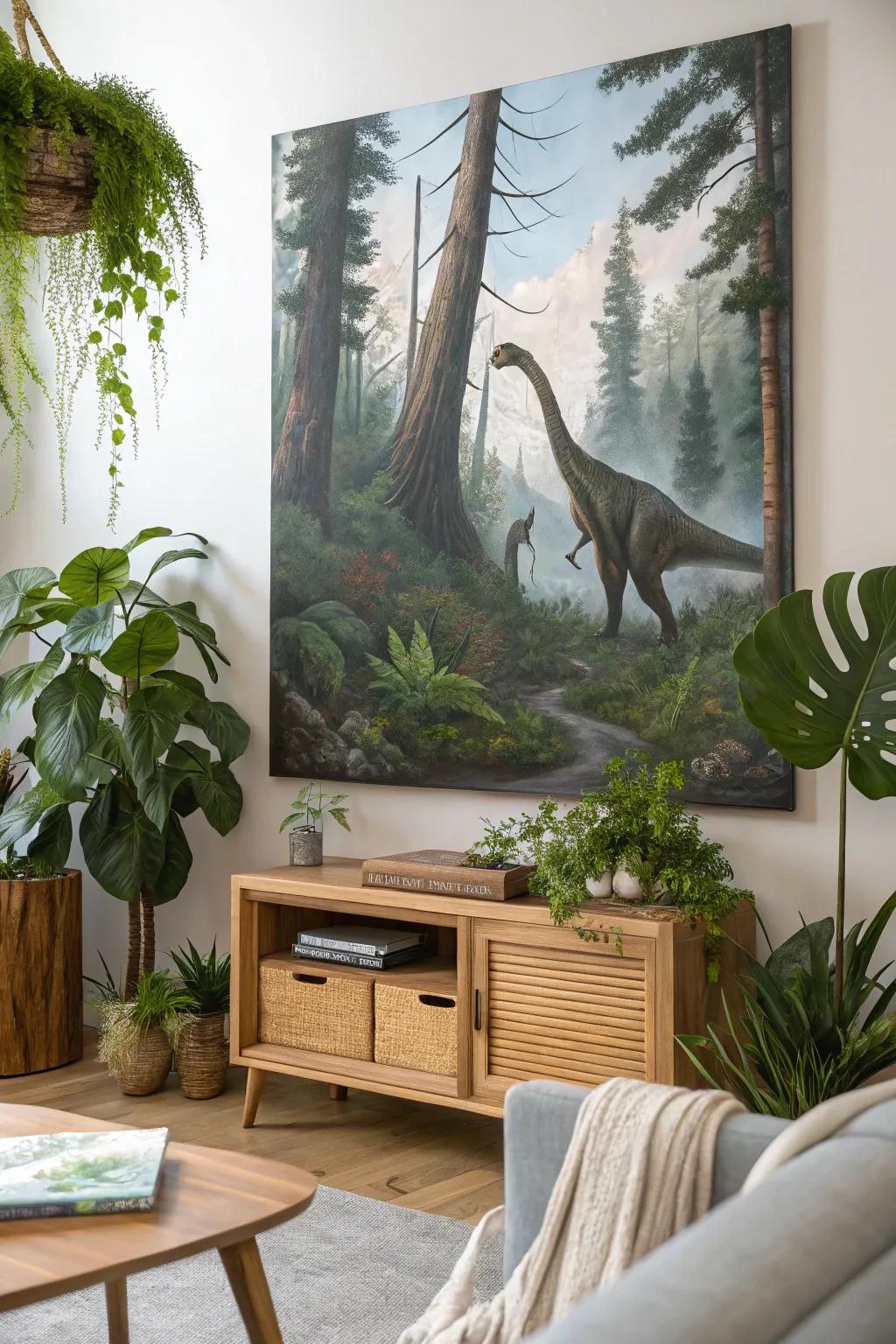 Lush prehistoric landscape with dinosaurs