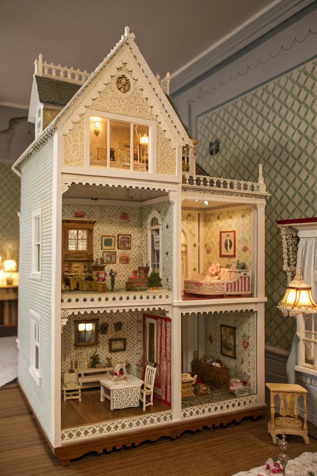 Backgrounds enhance the visual interest of a dollhouse.