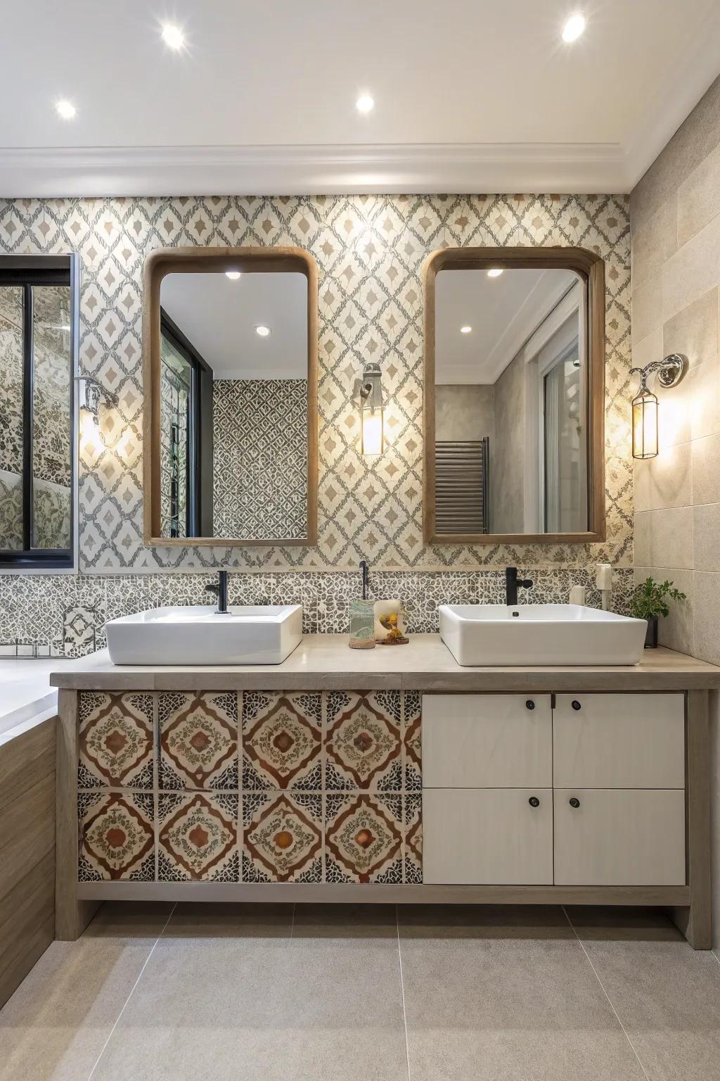 Textured walls and patterned tiles create visual interest.