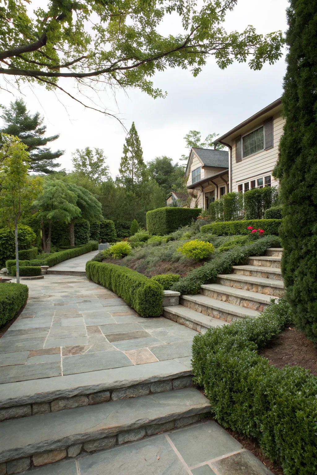 Elevation changes add drama and guide the gaze upward at this entrance.