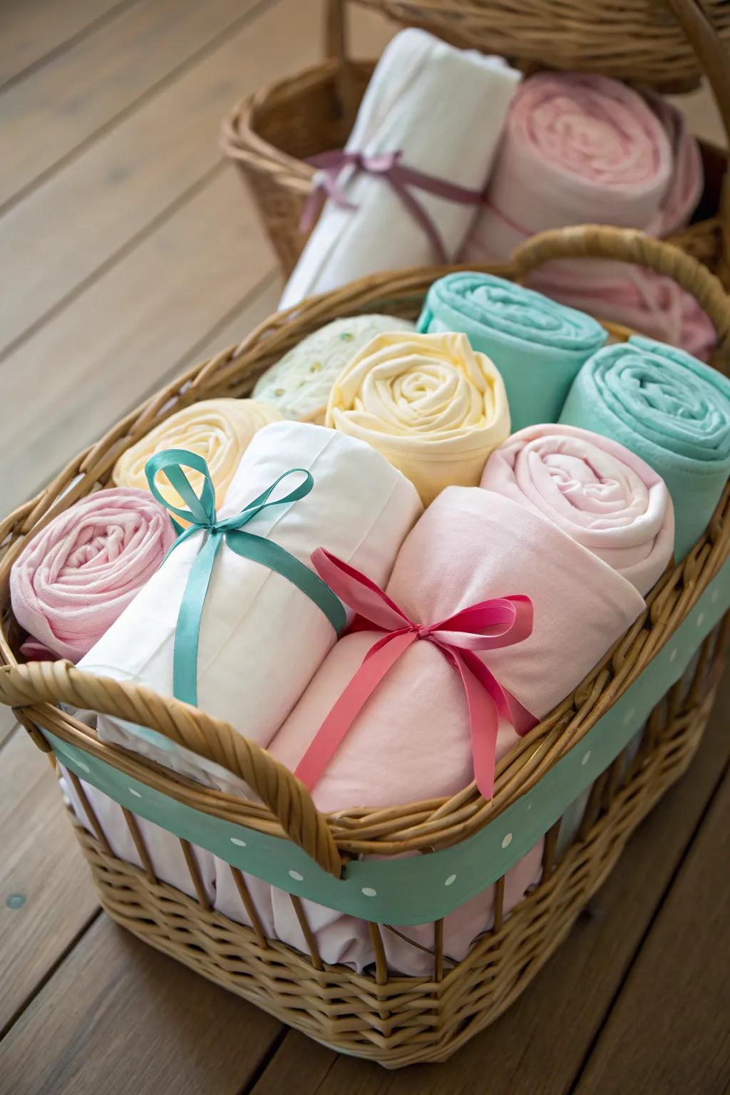 Rolled-up duvets add a charming touch to storage.