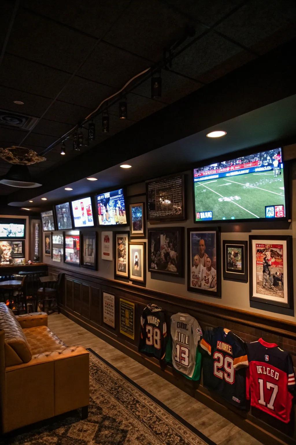 Support your team in comfort with a basement sports lounge.