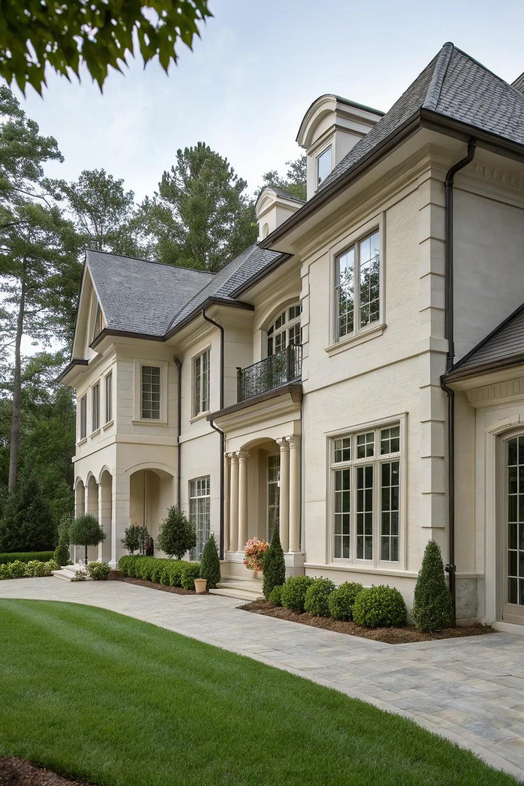 Architectural harmony is achieved with matching window frames.
