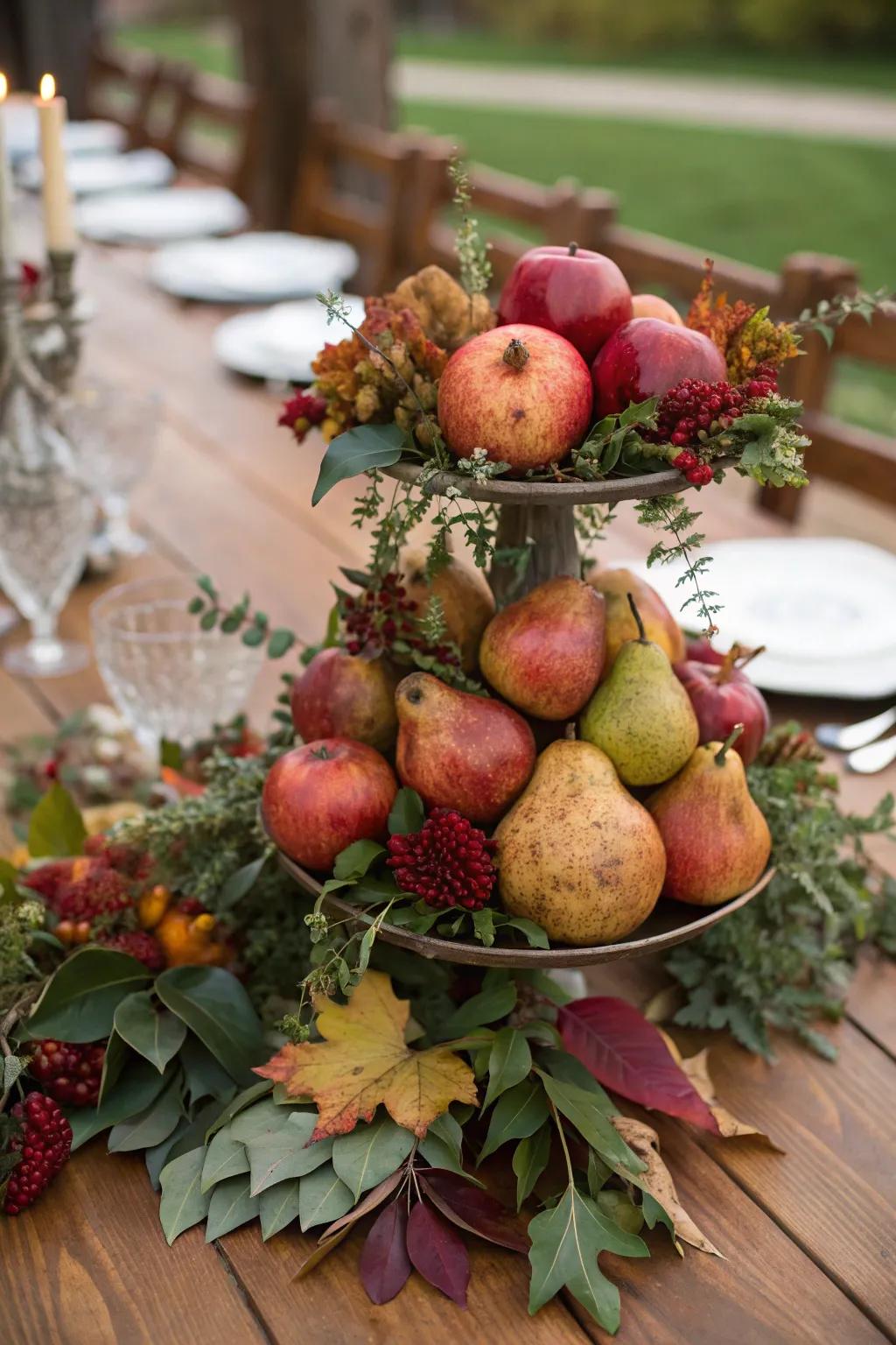 Pomegranates and pears lend a lush, seasonal touch to this fall wedding centerpiece.