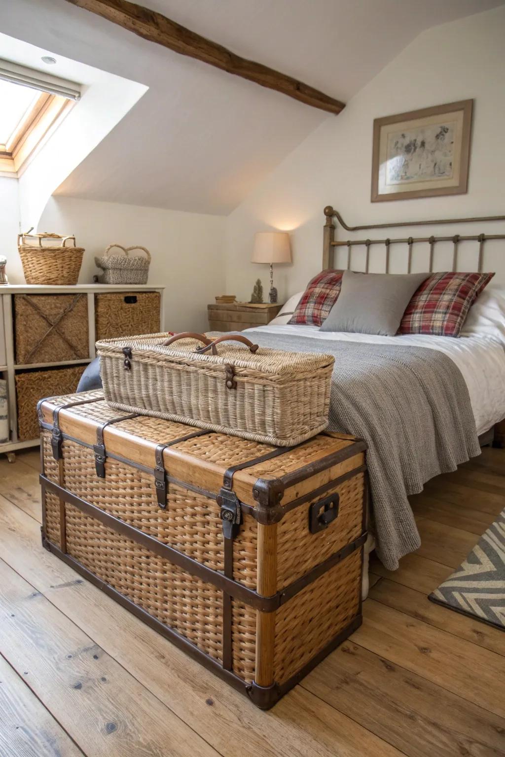 Wicker and trunks provide functional charm and organization to the bedroom.