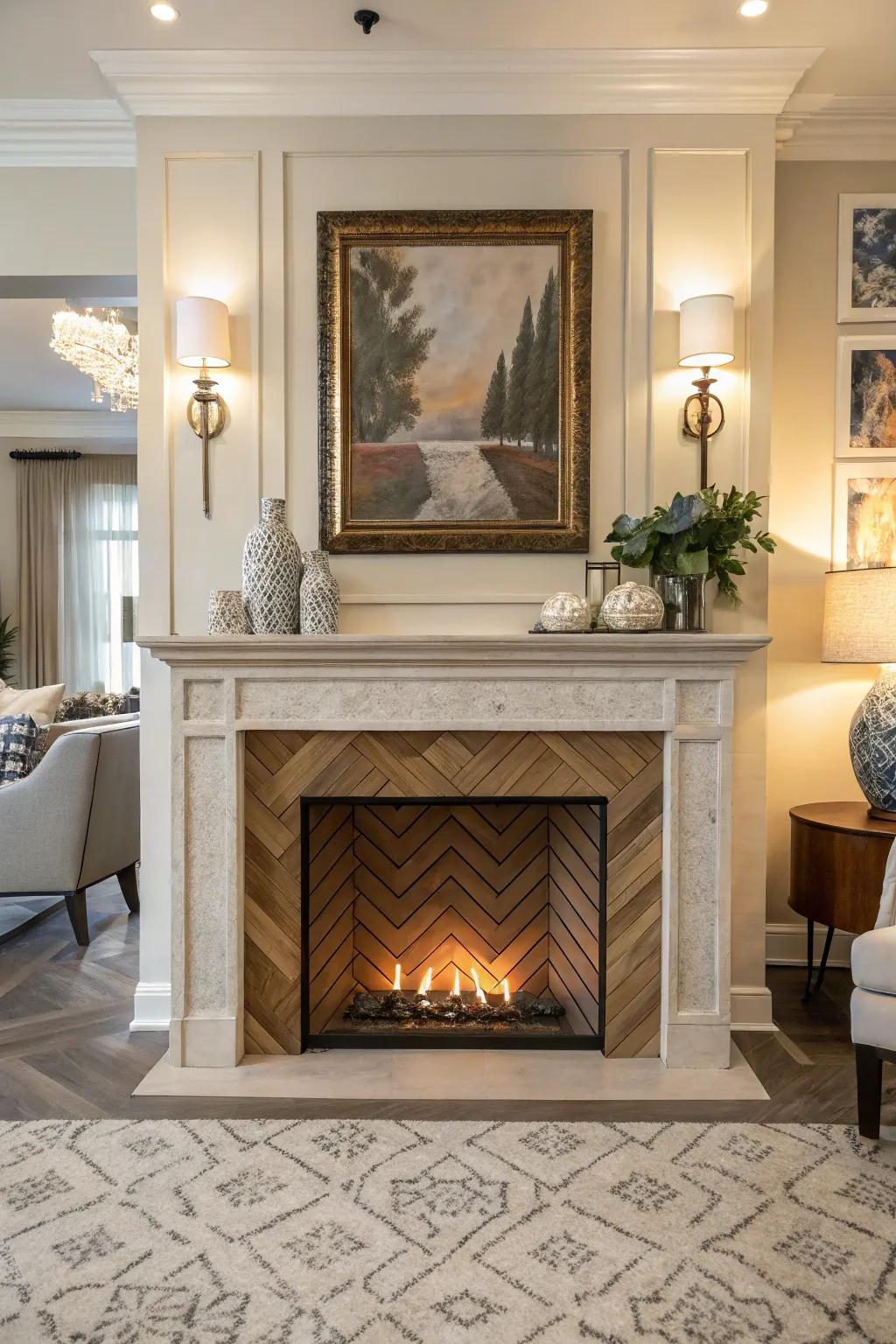 A faux fireplace with an eye-catching herringbone patterned firebox.