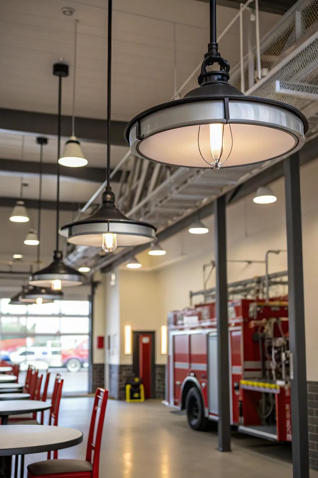 Contemporary lighting enhances the fire station's ambiance.