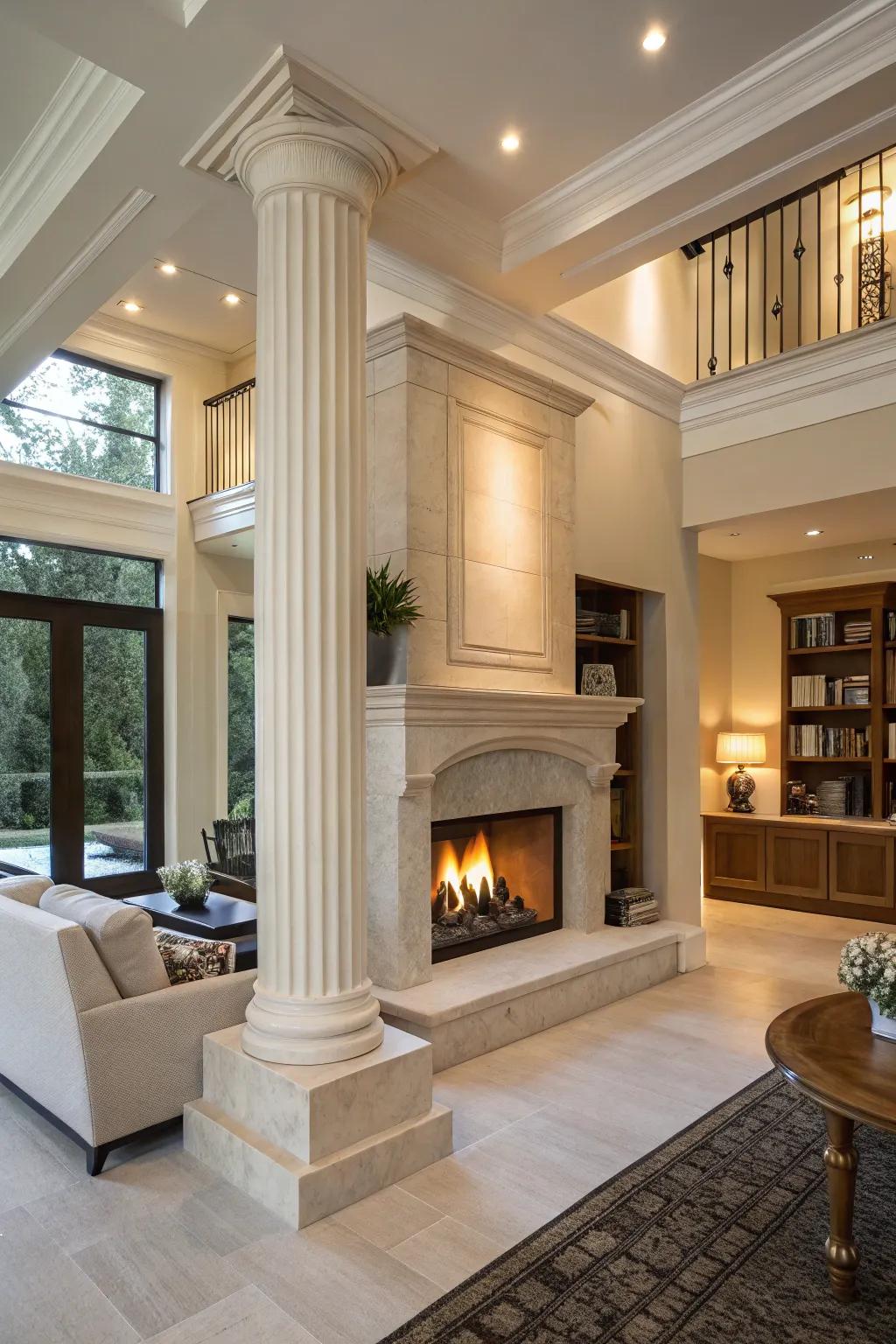 A modern living room featuring a central fireplace integrated with architectural columns.