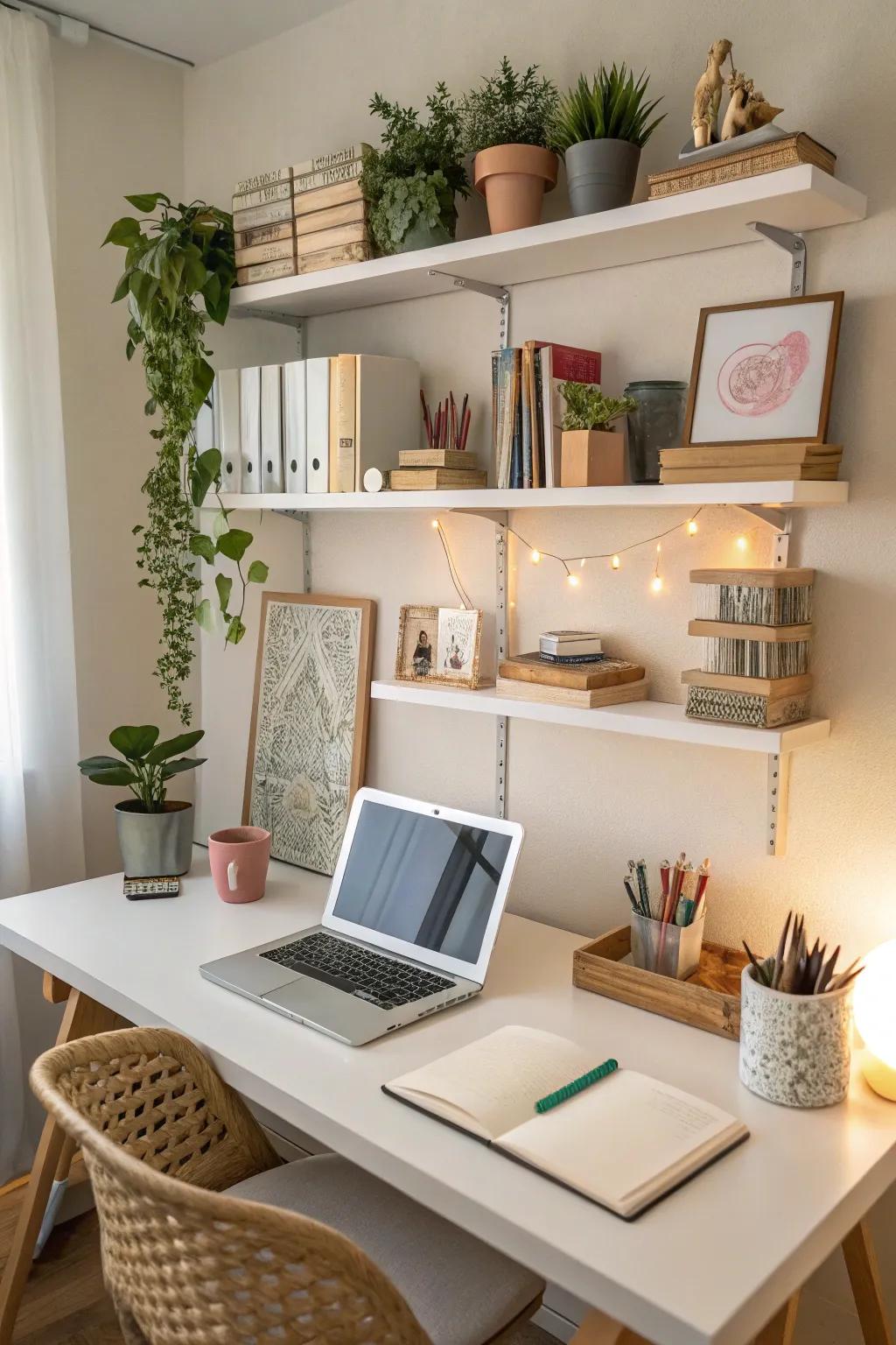 Floating shelves above a desk for an efficient and inspiring workspace.