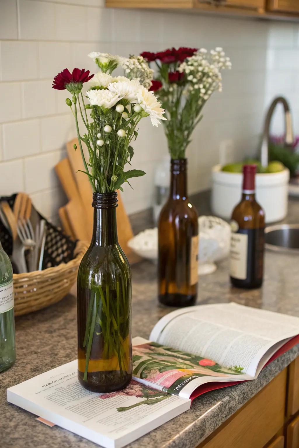 Repurposed wine bottles make for quirky vases.