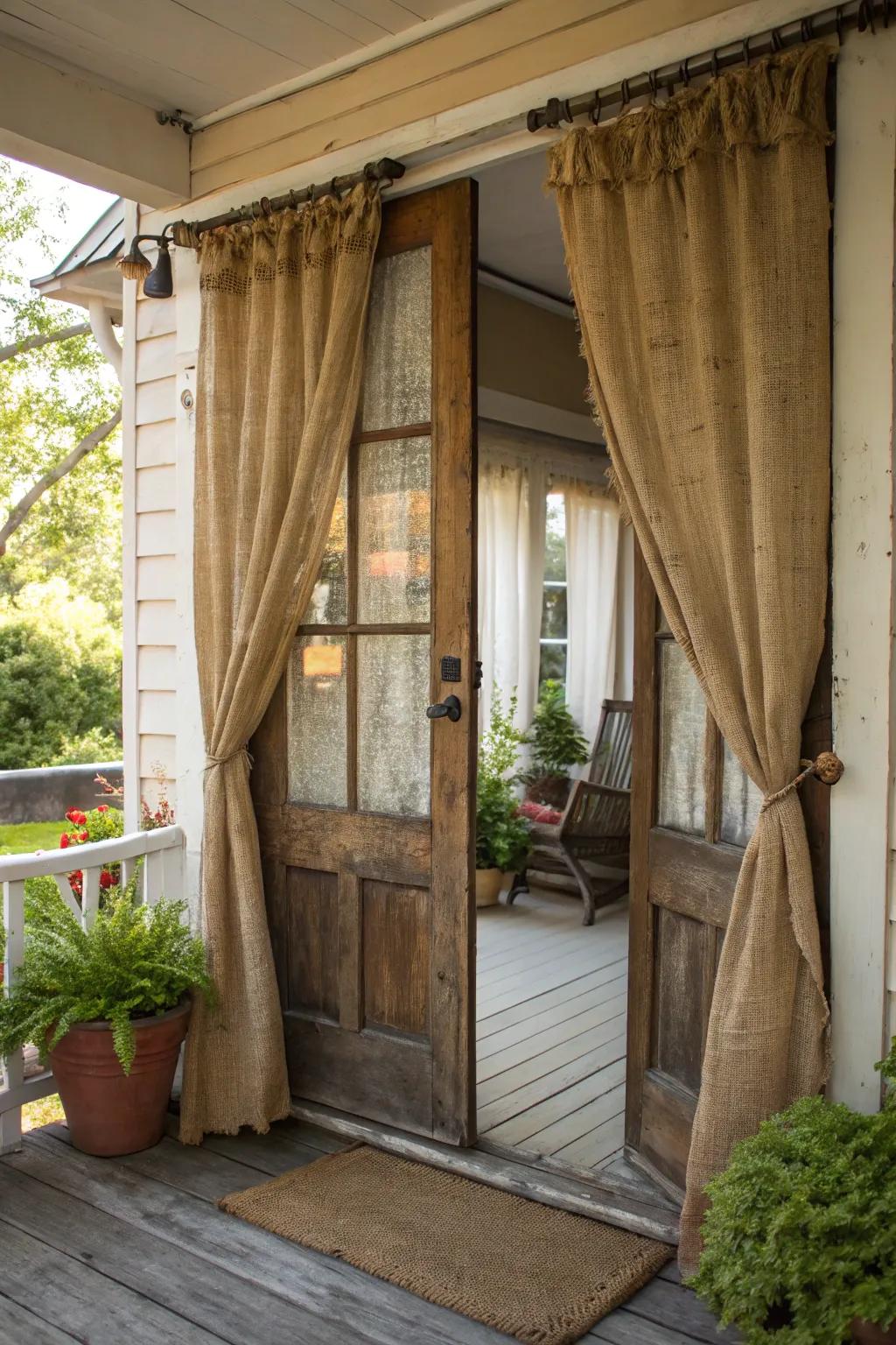 Rustic curtains adding a cozy touch to the entrance.