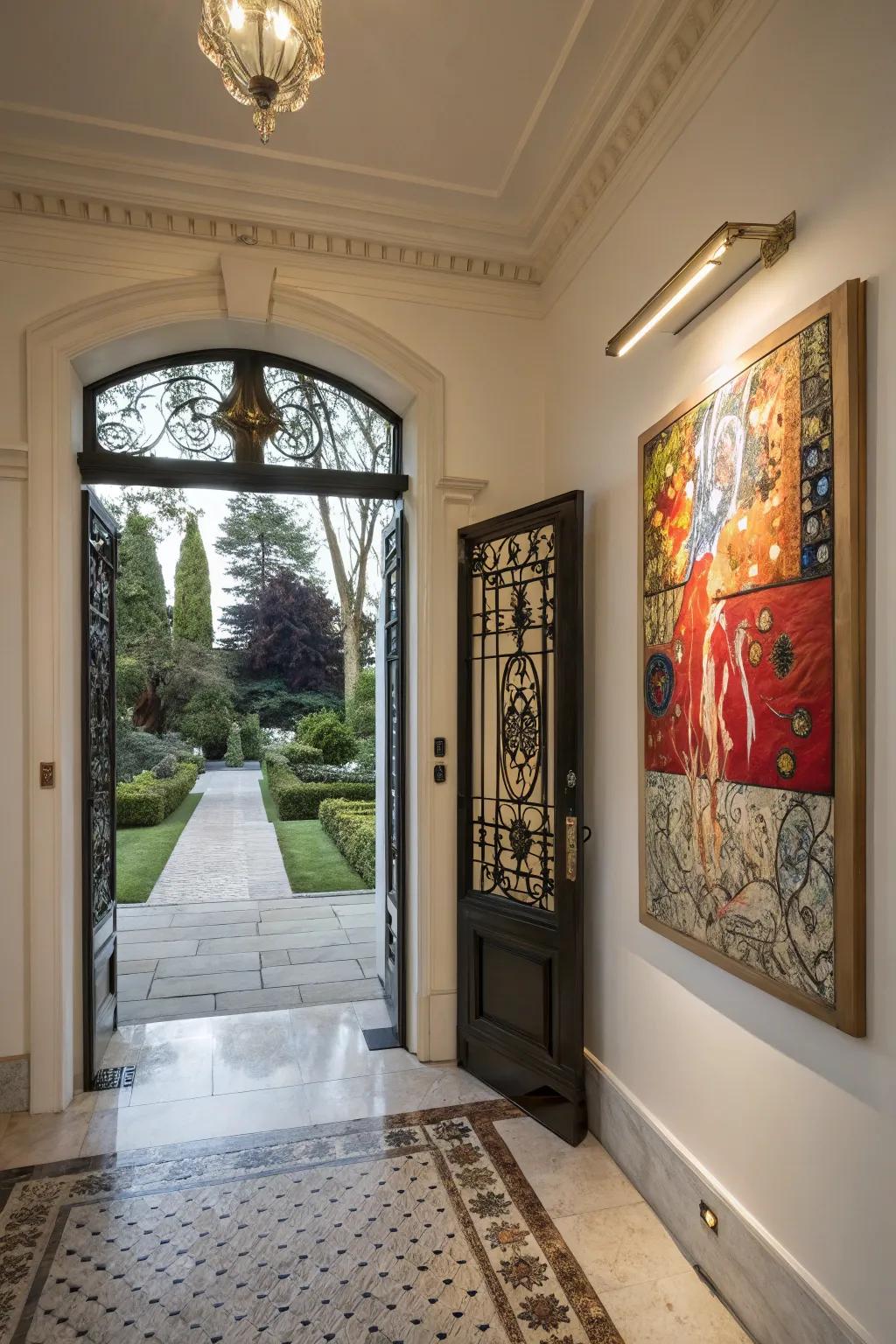 A striking art piece that adds personality and intrigue to the entrance.