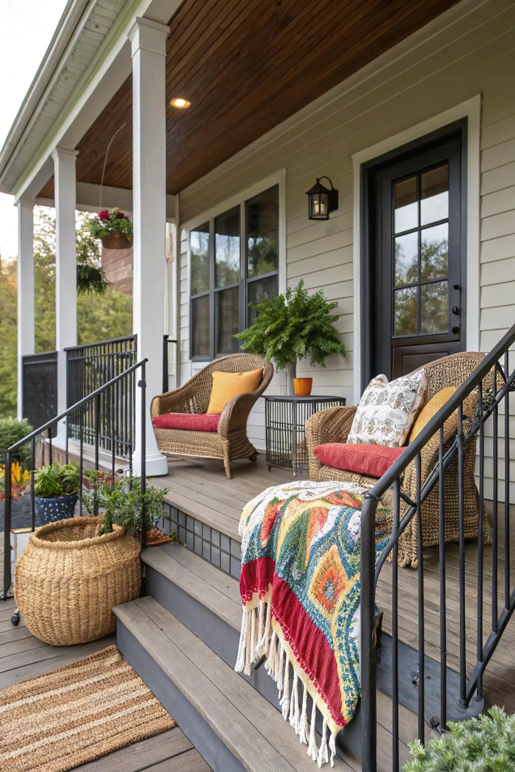 A front porch with a mix of materials including wicker, metal, and textiles.