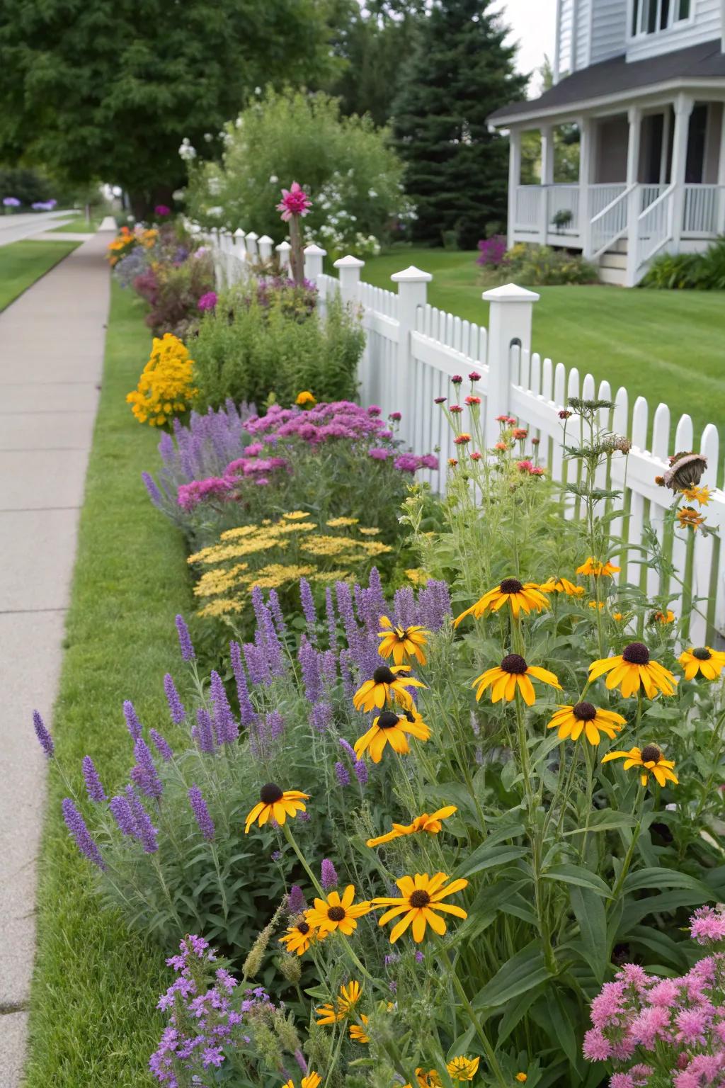 Pollinator-friendly plants attract bees and butterflies, enhancing the garden's vitality.