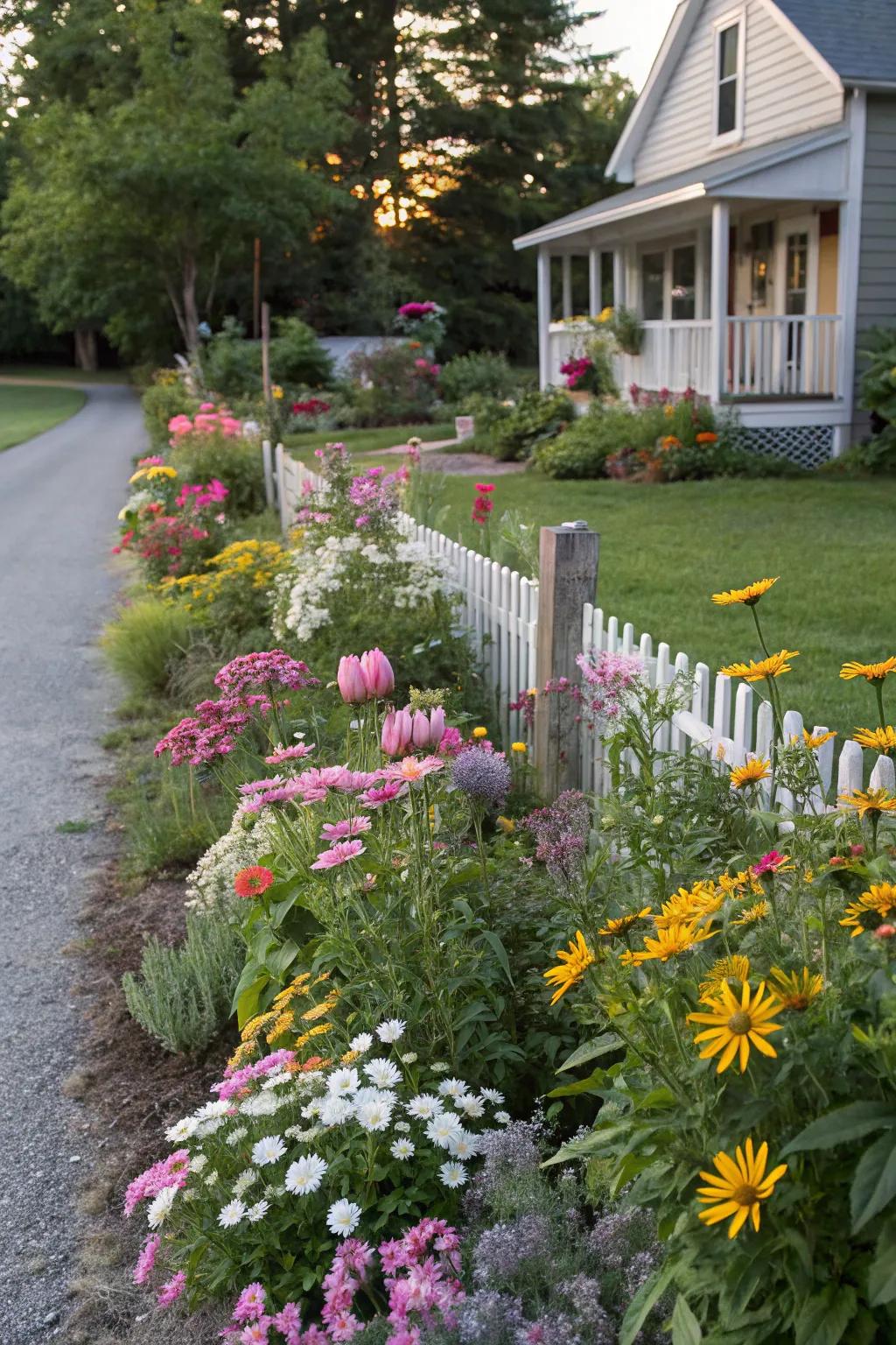 A vibrant mix of perennials and annuals keeps the yard colorful all year.