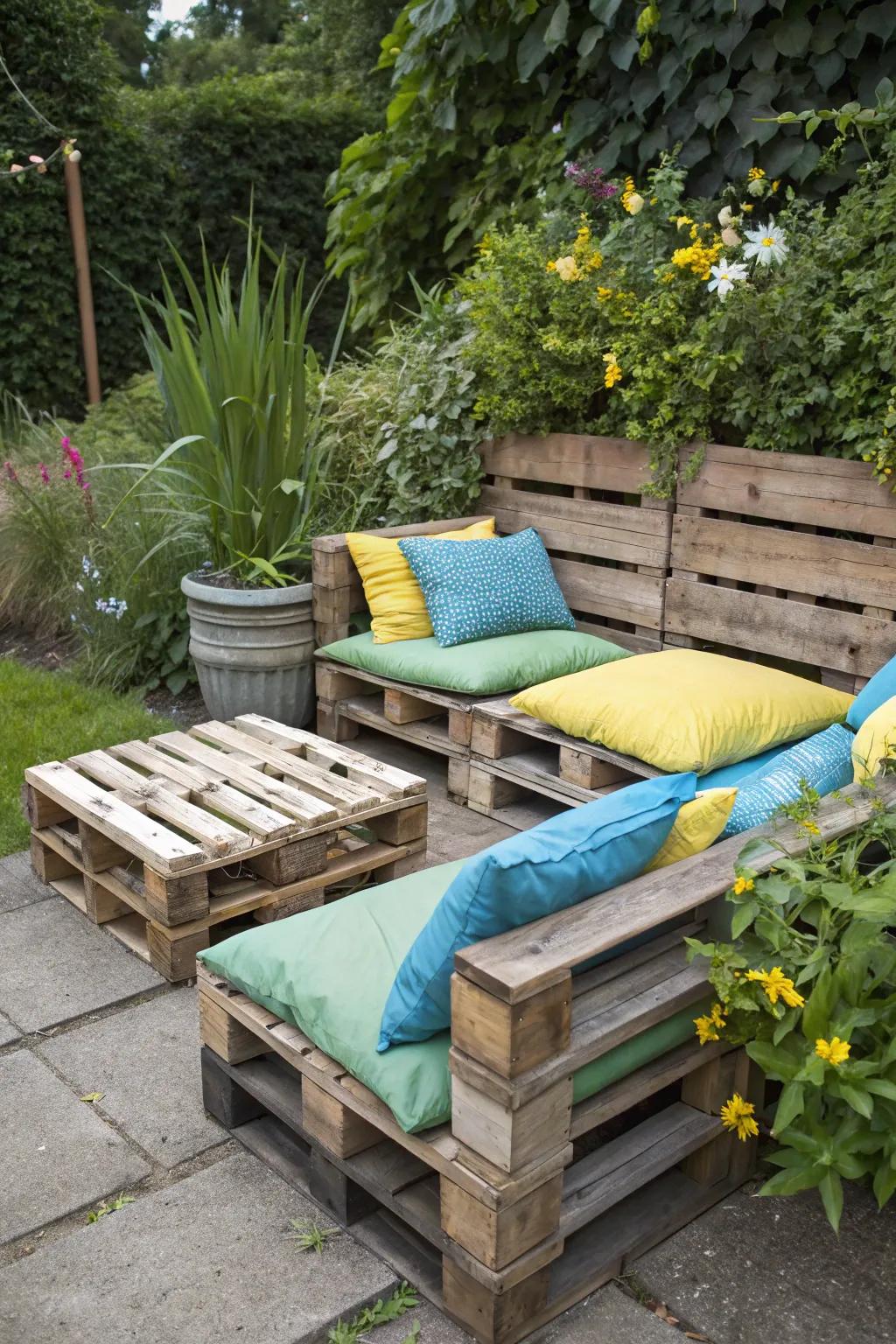 DIY pallet seating offers comfort and style on a budget.