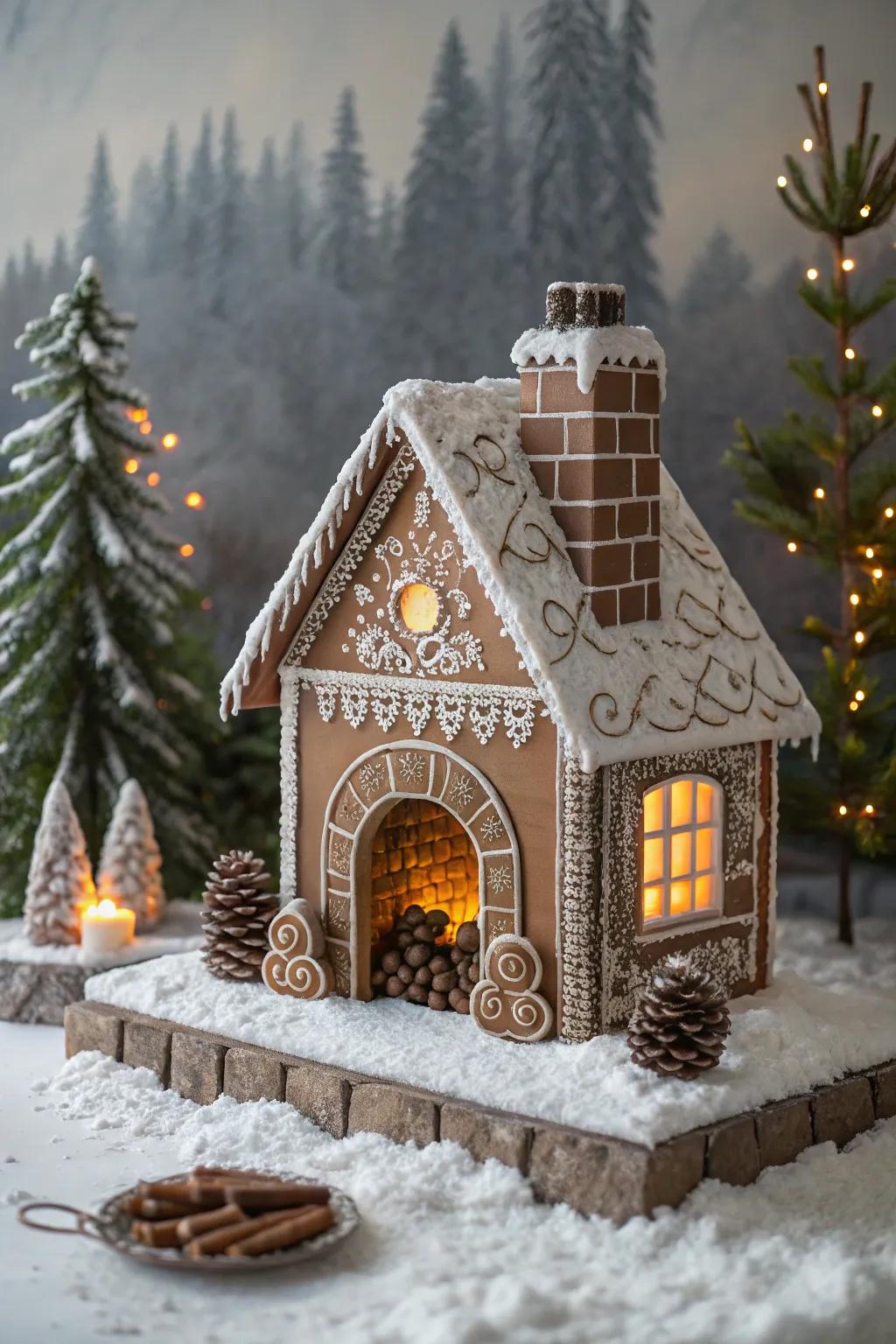 A cozy chocolate stone hearth injects warmth into the gingerbread cottage.
