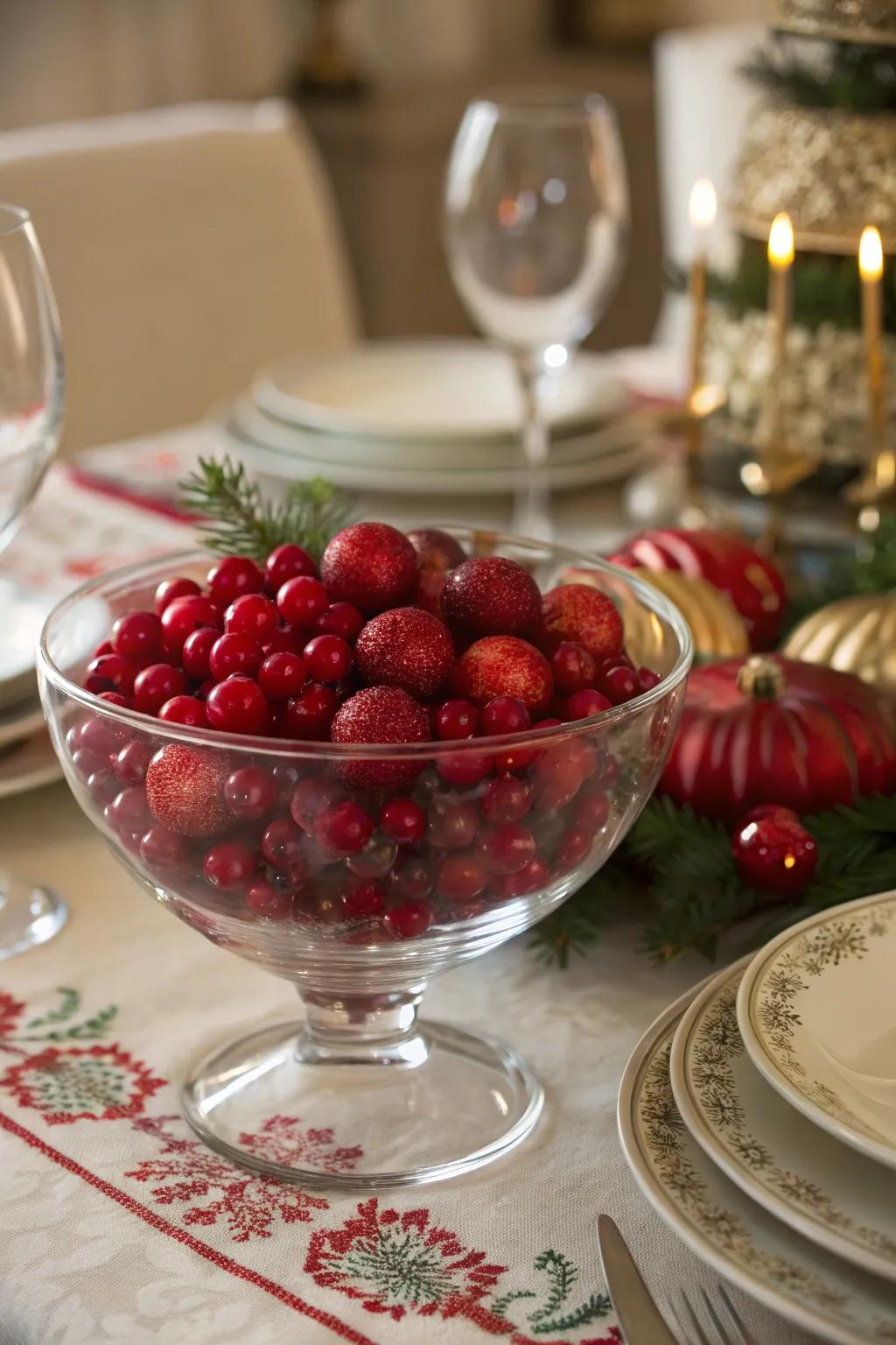 A quintessential berry and bauble confluence is displayed inside a clear bowl.