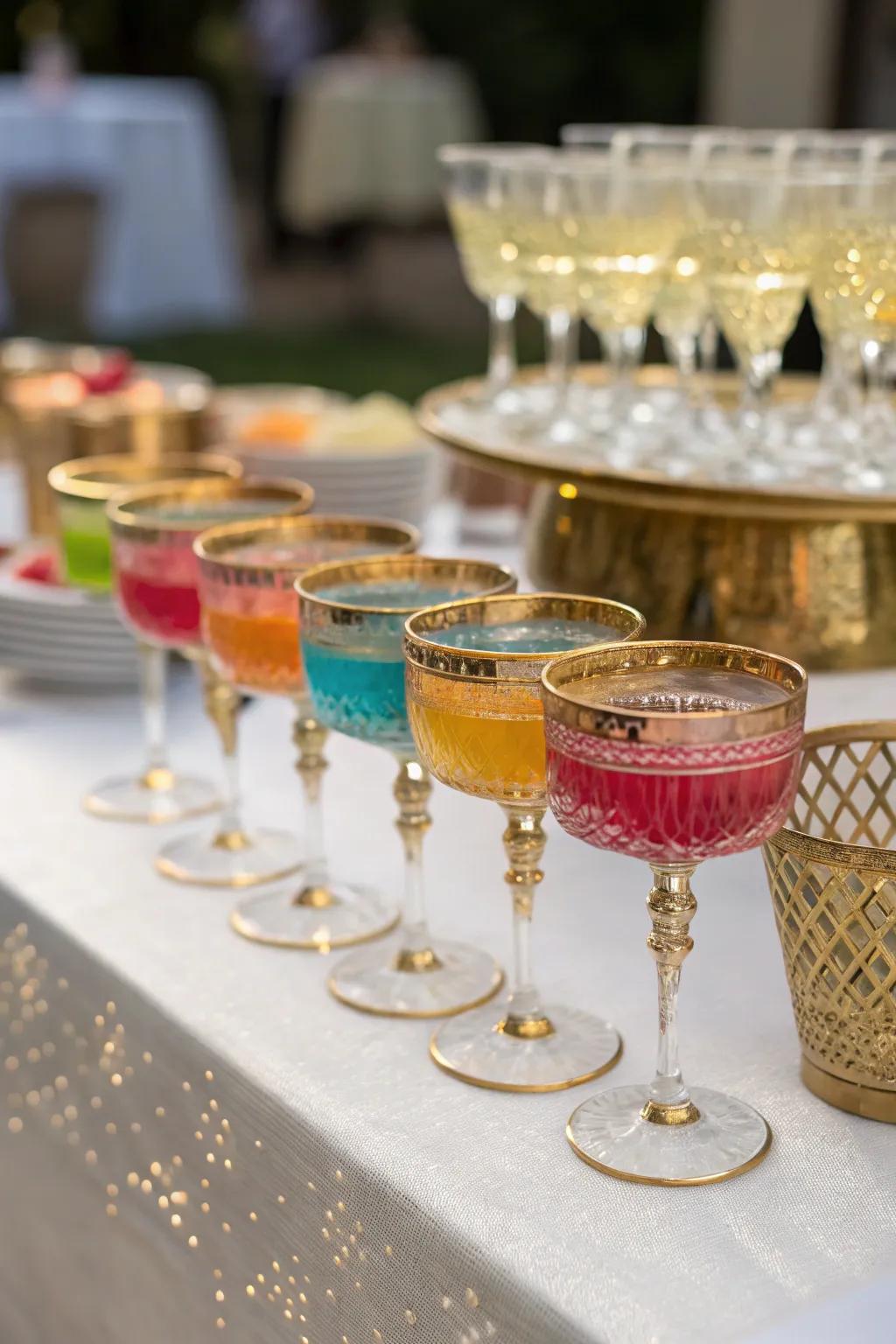 Energetic sophistication showcasing golden-edged glassware.