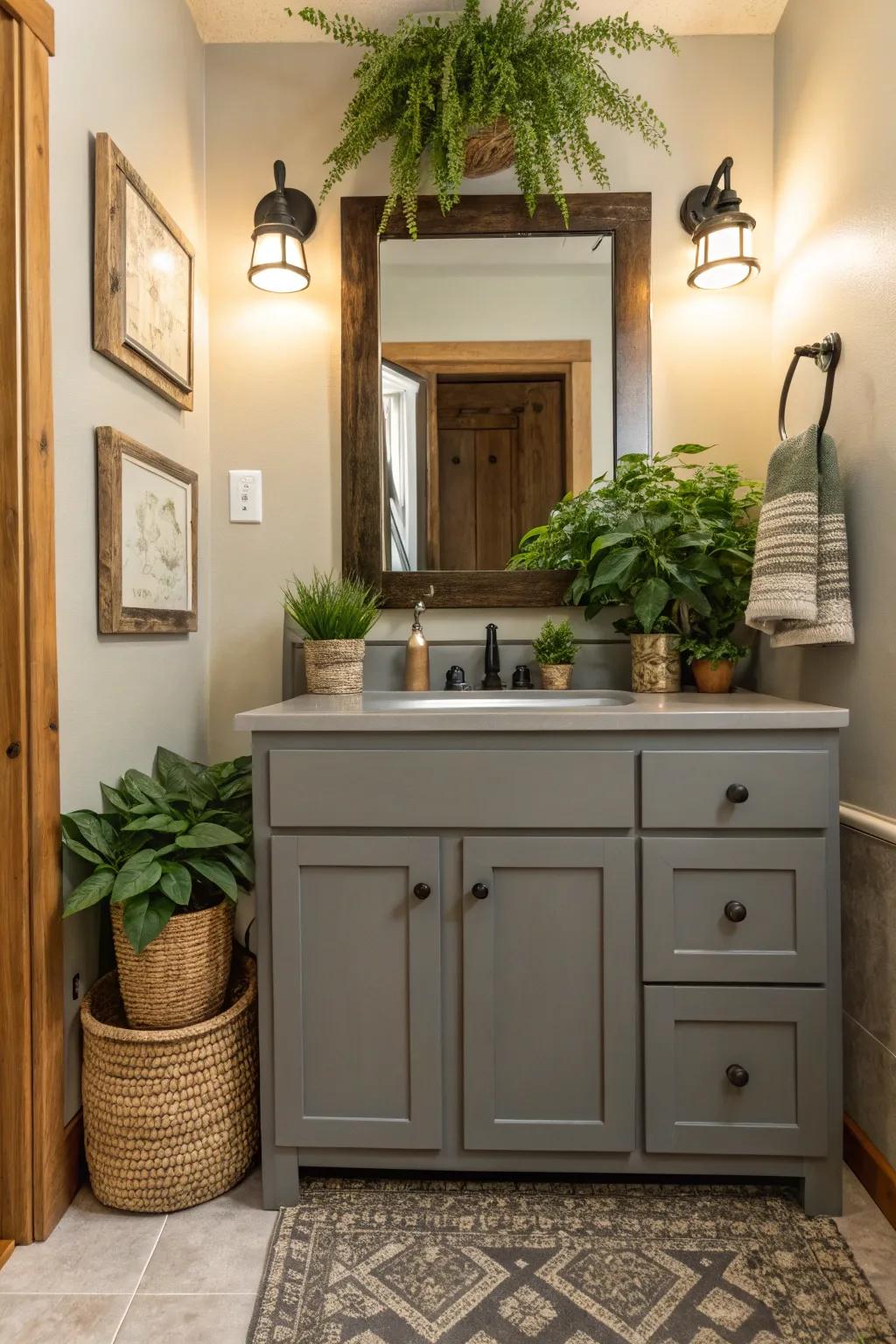 A spa-inspired bathroom with a gray vanity and earthy elements.