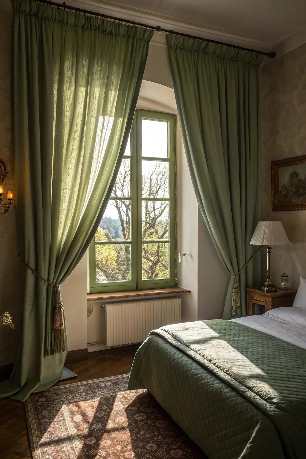 Green curtains add elegance and a touch of nature to this inviting bedroom.